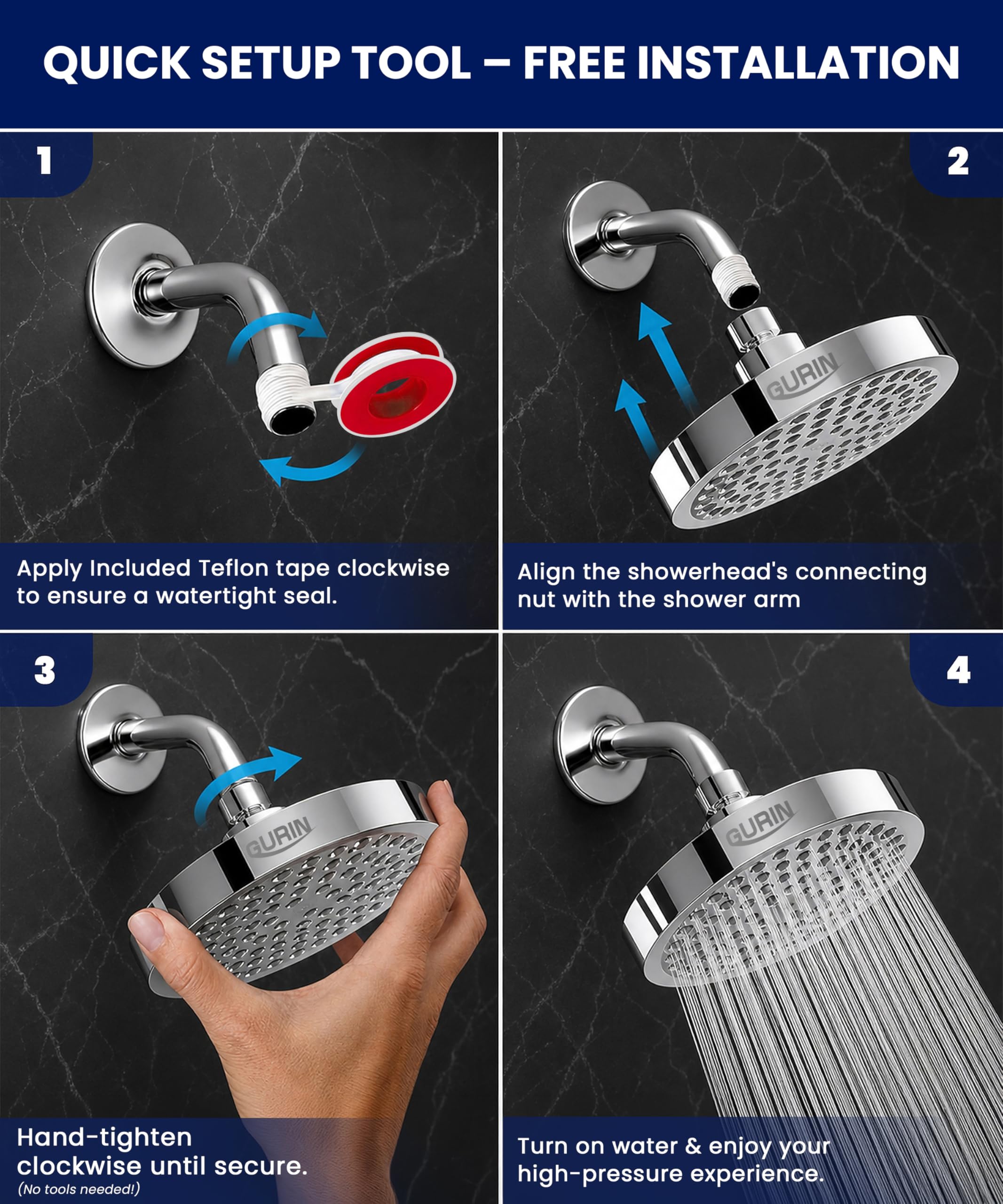 Gurin - Soffione doccia a pioggia ad alta pressione - Soffione doccia da bagno di lusso con finitura cromata - Angoli regolabili - Ugelli in silicone anti intasamento - 2,5 GPM