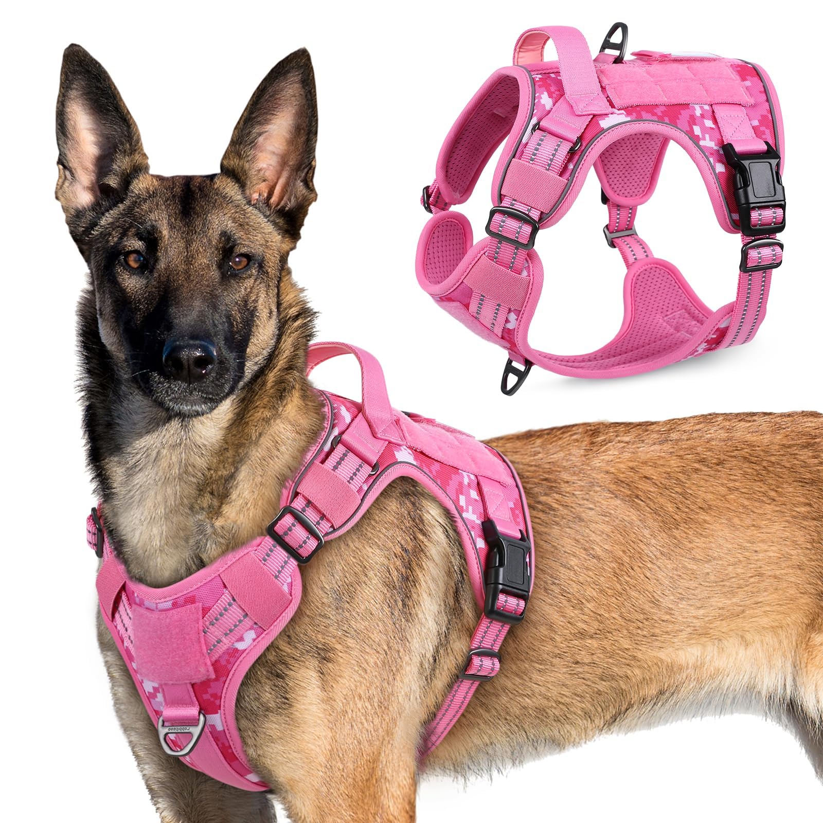 rabbitgoo Dog Harness Large Dog No Pull, Tactical Adjustable Pet Harness with Molle Panel, Breathable Military Vest, Reflective Walking Vest with Easy Control Handle for Training Walking, Pink Camo XL