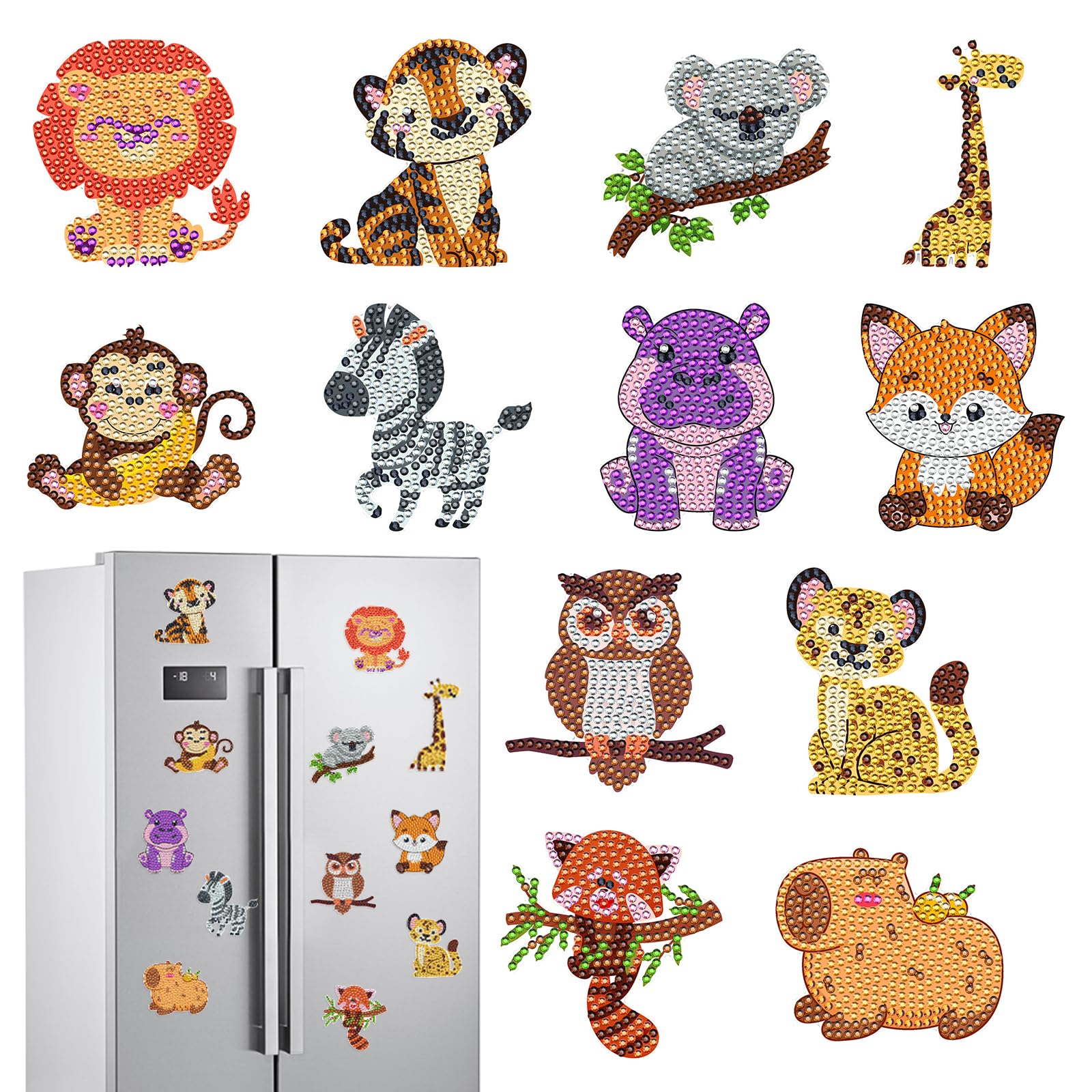 INCOK Diamond Painting Magnets Refrigerator - 12 PCS DIY Cute Animal Diamond Art Fridge Magnets Kit with Lion Tiger Koala Monkey Giraffe Zebra Fox Pattern DIY Home Decor for Adults Beginners