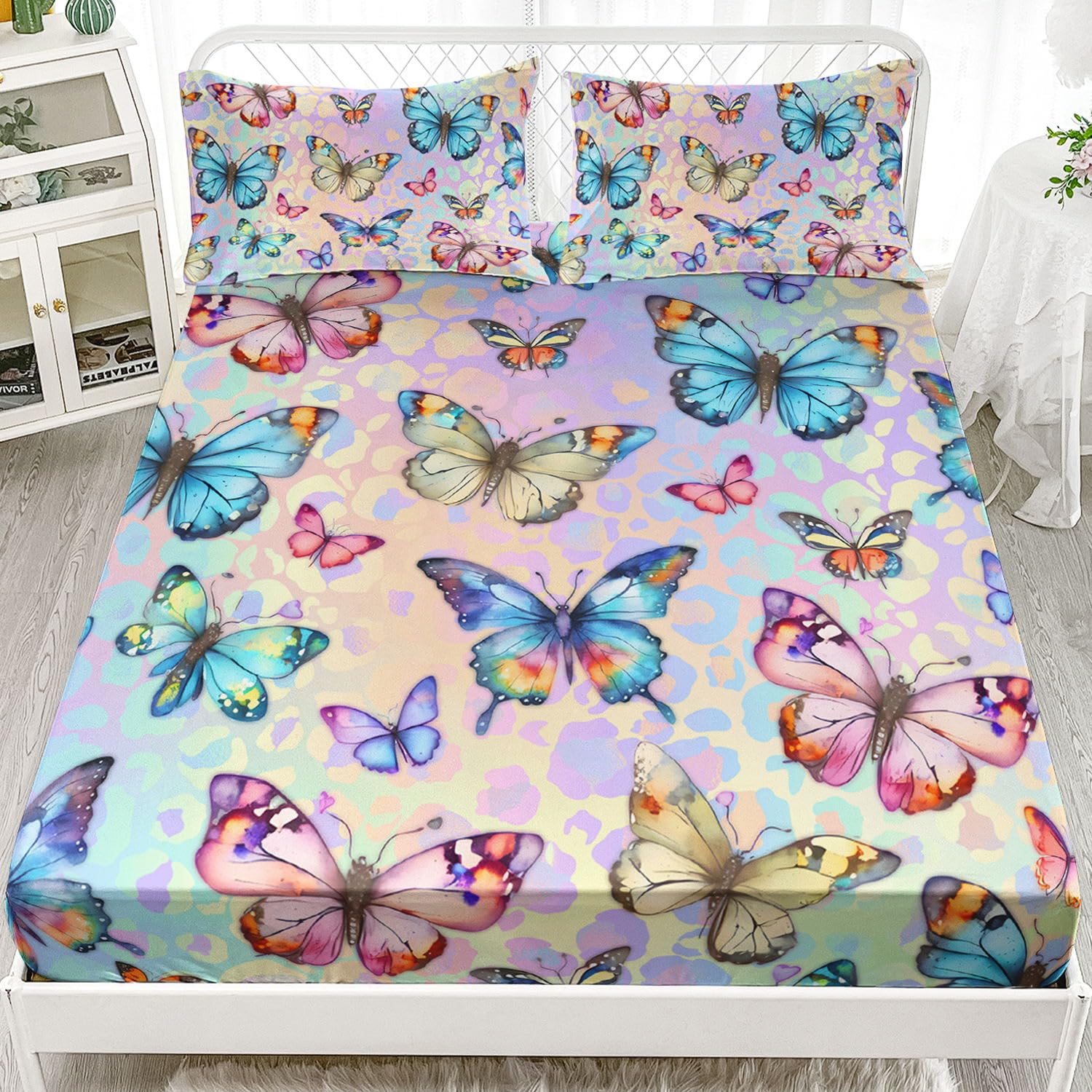 XYNHML Colorful Butterfly Bedding Set - Queen Size 4pc Tie-Dye Sparkling Sheets With Pillowcases