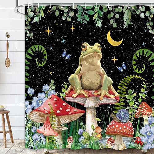 Miniatura 5 de JAWO Cortina de ducha de hongos, cortinas de ducha bohemias con diseño floral, diseño de rana divertida, juego de accesorios de baño con ganchos, 69