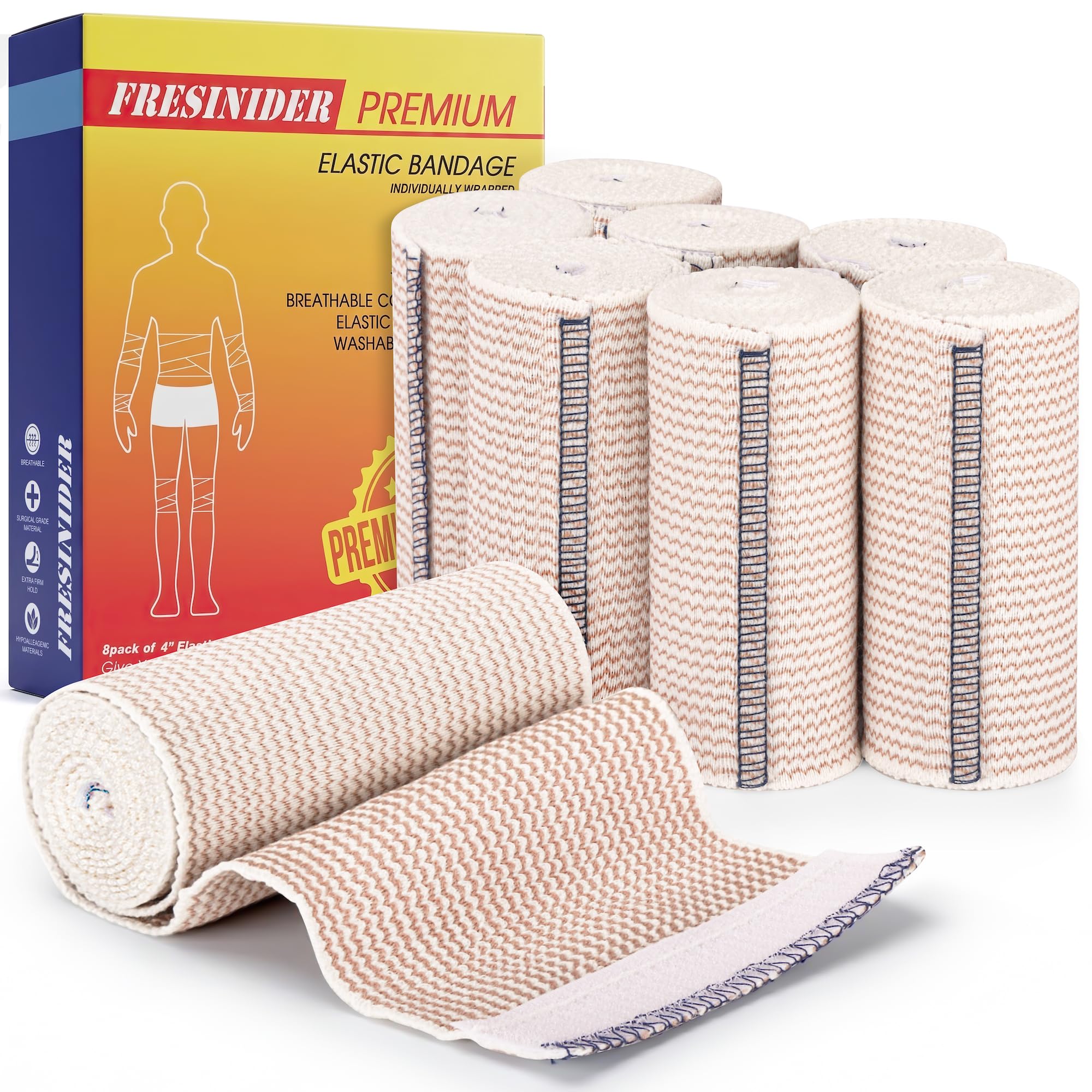 FRESINIDER Premium Elastic Bandage Wrap 4 Inch, 8 Pack, Hook and Loop