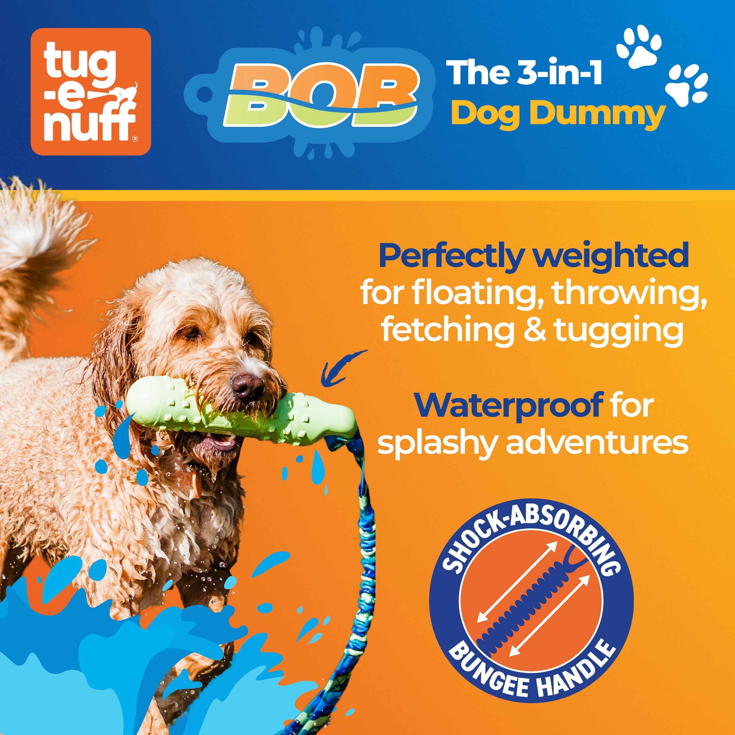 Tug-E-Nuff | BOB - Chupete para perro 3 en 1, juguete para atrapar, tirar y agua, duradero, impermeable, flotante. Mango elástico para tirar (morado)