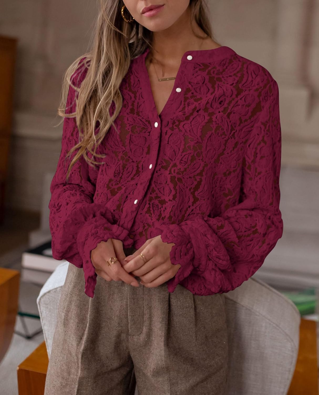 PRETTYGARDEN Women's Dressy Casual Lace Blouse Long Sleeve Button Up Shirts Tops Spring Fall Fashion Clothes - Image 7