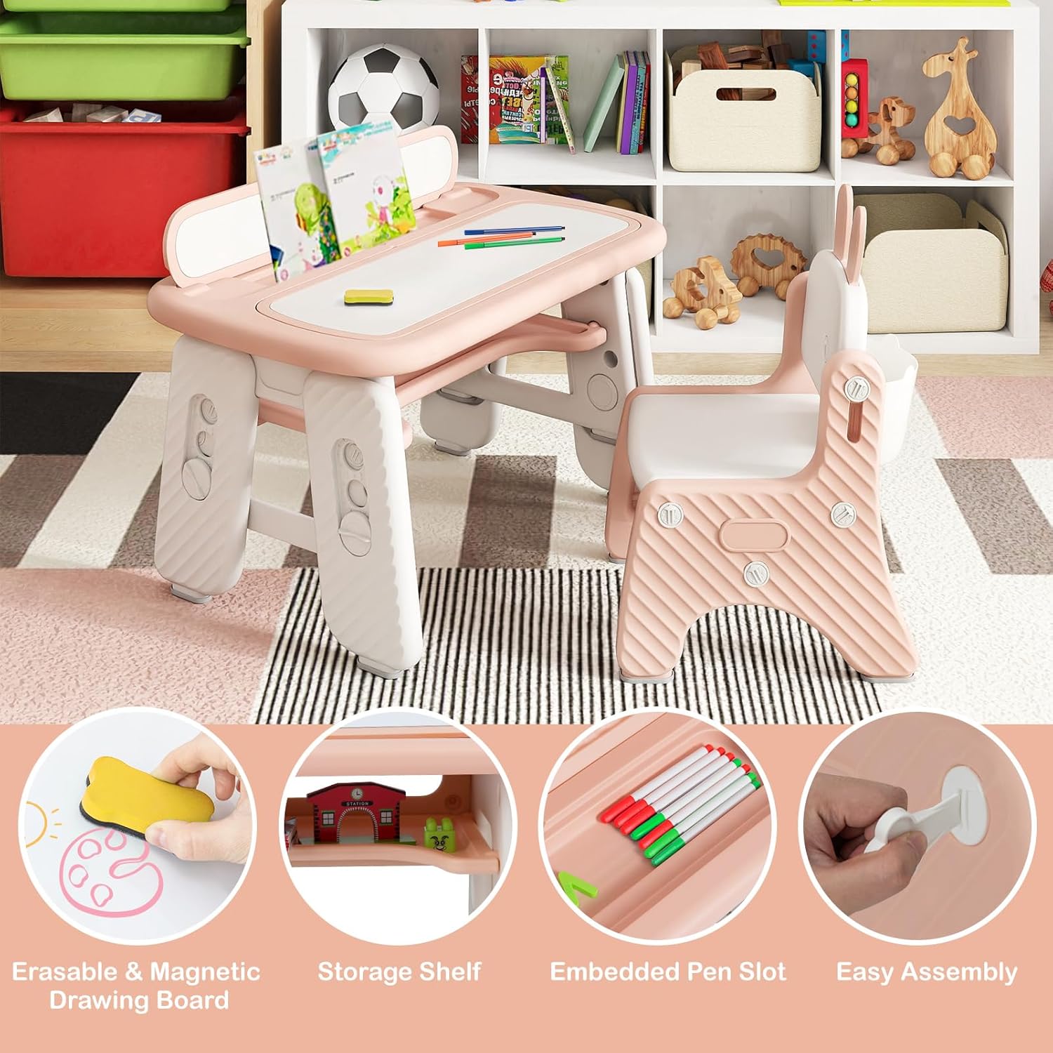Costzon Kids Table and Chair Set, Graffiti Activity Table w/Flip-Top Tabletop Bookshelf, Erasable Magnetic Drawing Board, Storage, Adjustable Height for Drawing, Toddlers Art Table & Chair (Pink)