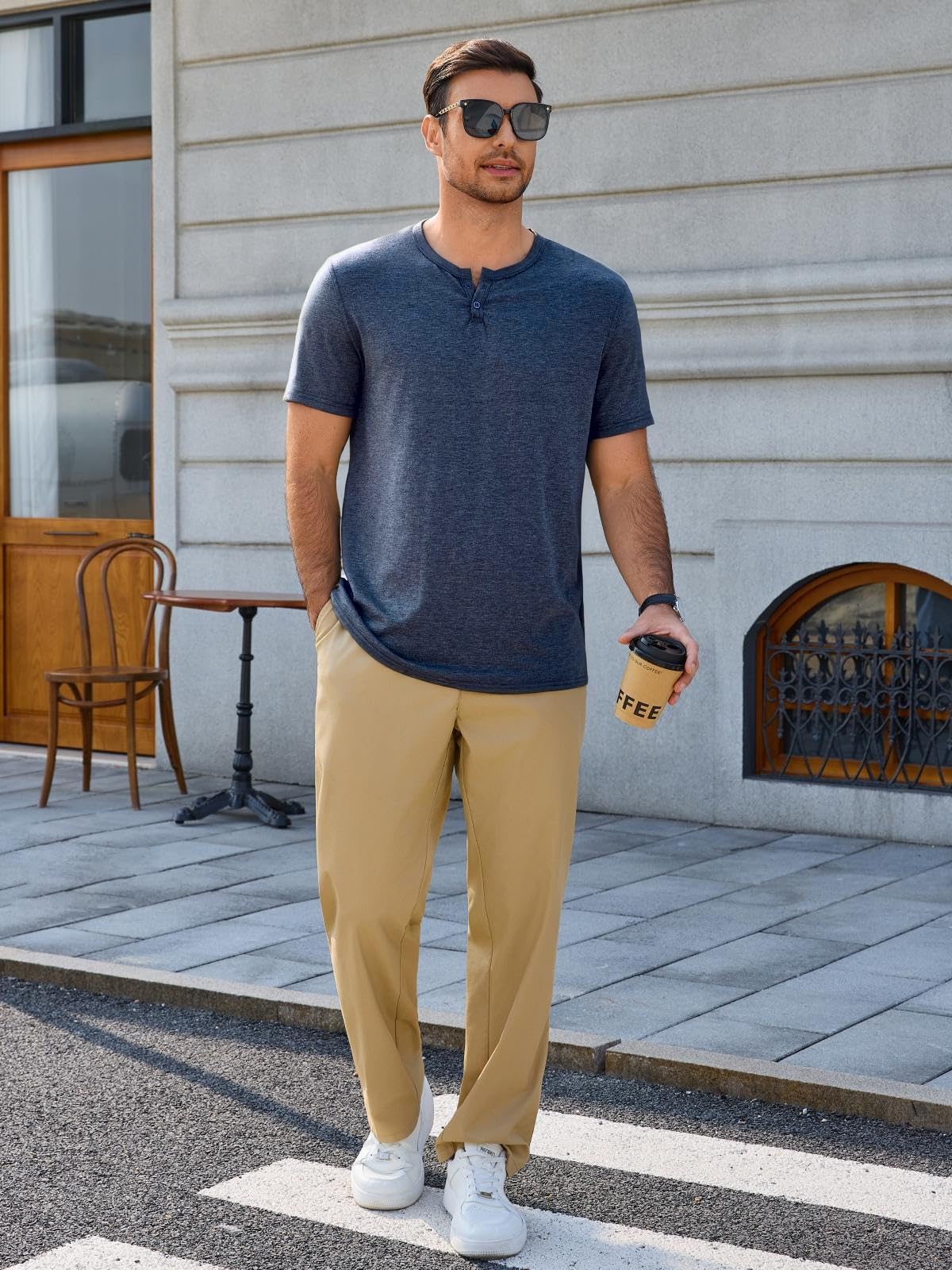 Runcati Męski T-shirt na lato, krótki rękaw, Henley, koszulka męska, dekolt w serek, jednokolorowa, luźna, krój slim fit, lekka koszulka basic z listwą guzikową