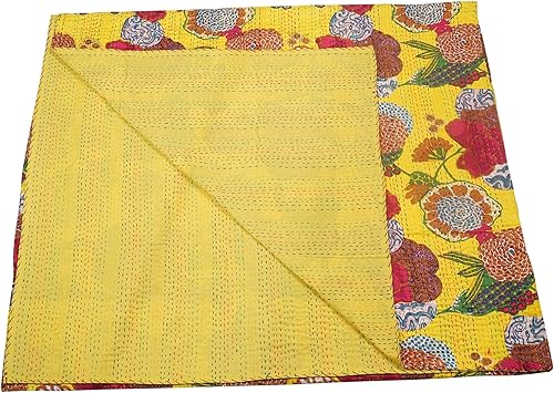 Vista 63 de Marubhumi Colcha Kantha reversible de algodón puro cosido a mano con estampado de frutas indias, edredón Kantha reversible (C verde, Queen