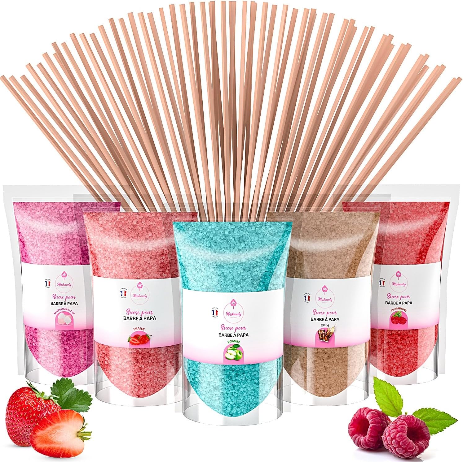 Misskandy®-Candy Floss Sugar Pack (5 * 160g) (strawberry, apple, marshmallow, cola, raspberry) Use in Cotton Candy Maker +20 Sticks of 28cm