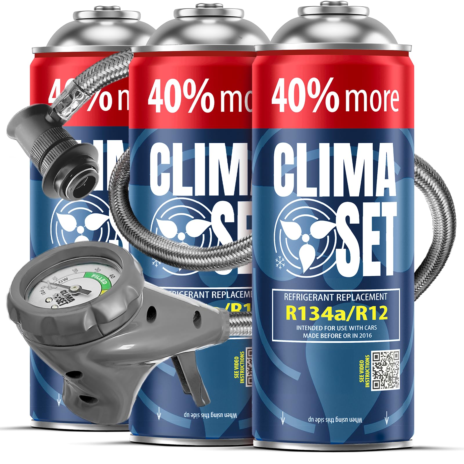 CLIMASET - Kit de Recarga de Aire Acondicionado para Coche - 3 Cartuchos de Gas y Aceite sustituto R134a + Manguera - para vehículos de 1994 a 2016, Manguera Moderna y fácil de Usar, manómetro