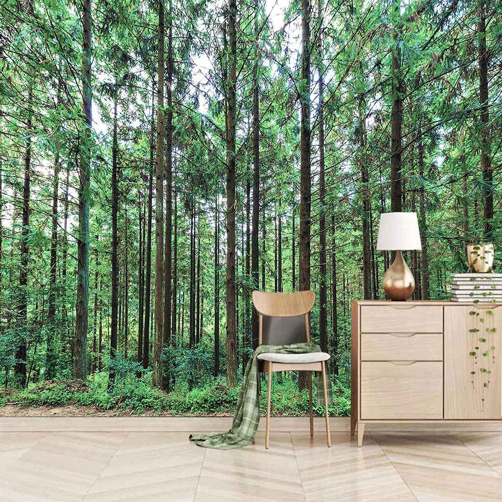 Papier peint forêt 3D adhésif lavable pour rénover un mur de chambre sans colle ni travaux