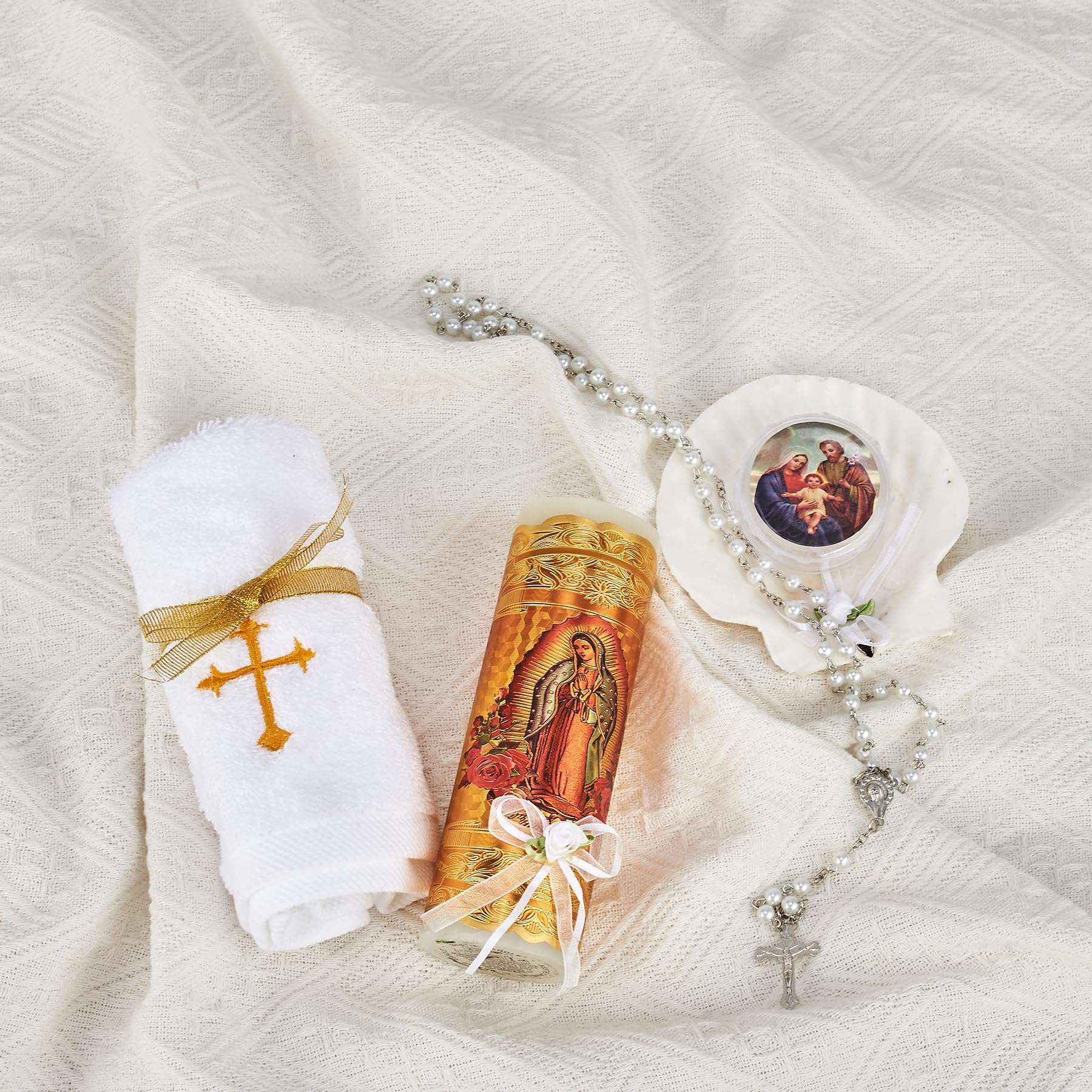 Juego de velas de bautizo para niños y niñas, juego de velas de bautizo católicas, velas para bautizo, vela de bautizo para niño, incluye vela de la Virgen de Guadalupe, toalla, rosario y concha