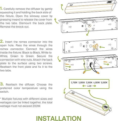 Miniatura 8 de ASD Iluminación LED de 12 pulgadas para debajo del gabinete, con cableado, interruptor de temperatura de encendidoapagado y color, 5W 442LM, 5CCT