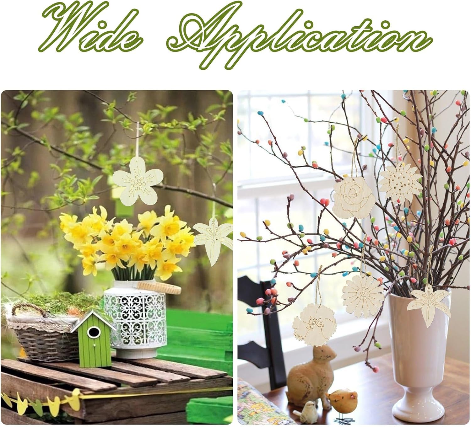 LiQunSweet 60 pcs Lovely Flower Theme Unfinished Wood Cutout Charms Spring Floral Daisy Sunflower Wood Slices with Rope for DIY Painting Art Craft Home Hanging Decoration