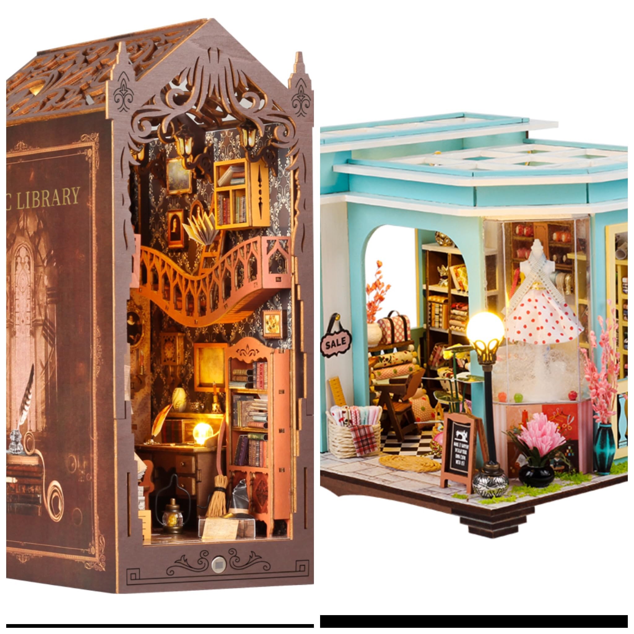 DIY Miniature Book Nook Dollhouse Room Kit for Teens and Adults-Magic Library &Tailor Shop