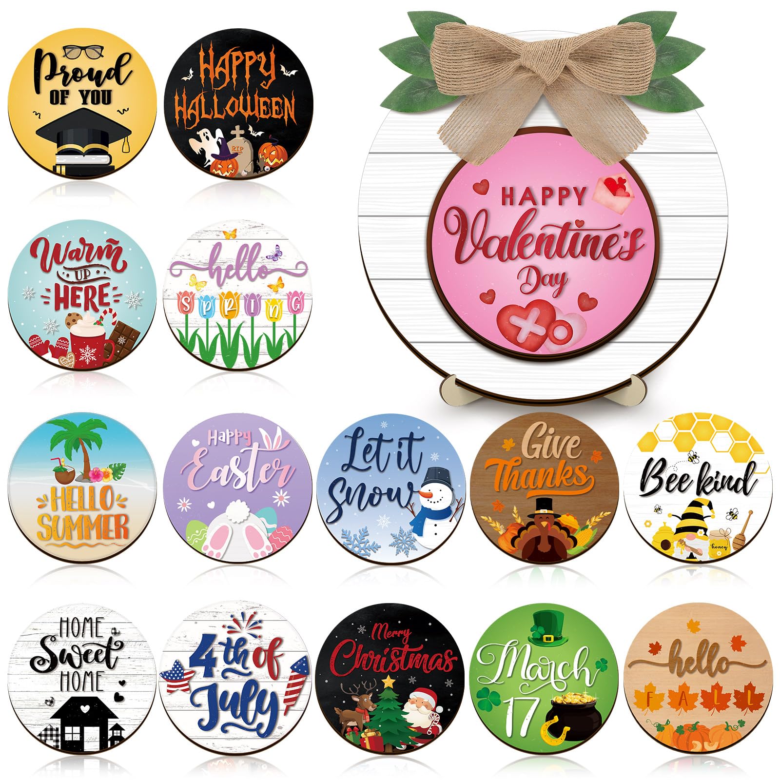 Geetery 17 Pieces Valentines Day Interchangeable Season Sign DIY Holiday Icons Decor with Wooden Easel Round Home Decorative with 15 Seasonal Icons Holiday Sign Set for Tabletop Porch Decoration