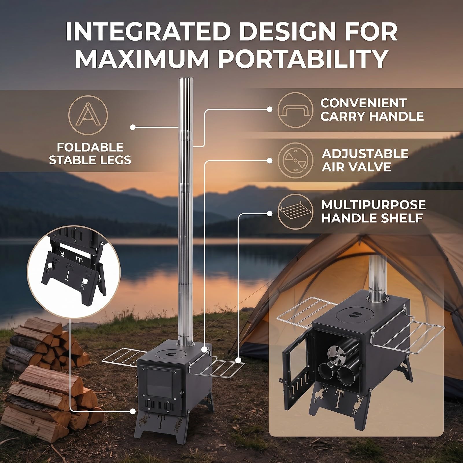 Generic Fornello a Legna da Campeggio con Presa D'aria Regolabile Design Portatile per Picnic e Tende Acciaio Al Carbonio 1 unità