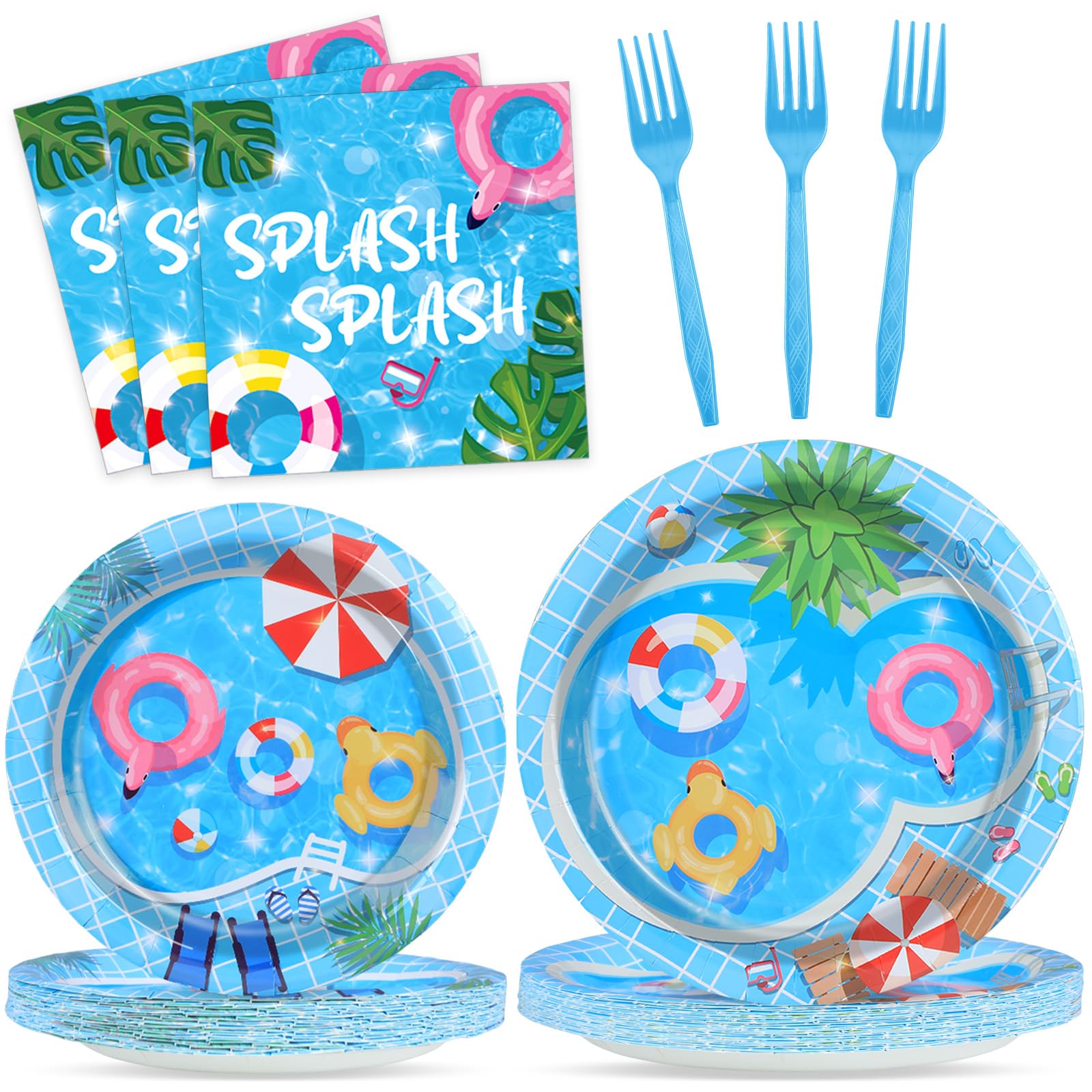 OBUSATT 96Pcs Pool Party Tableware Set Summer Beach Party Decoration Supplies Disposable Summer Pool Paper Plates Napkins Fork Hawaiian Beach Ball Party Table Birthday Decorations Favors for 24 Guests