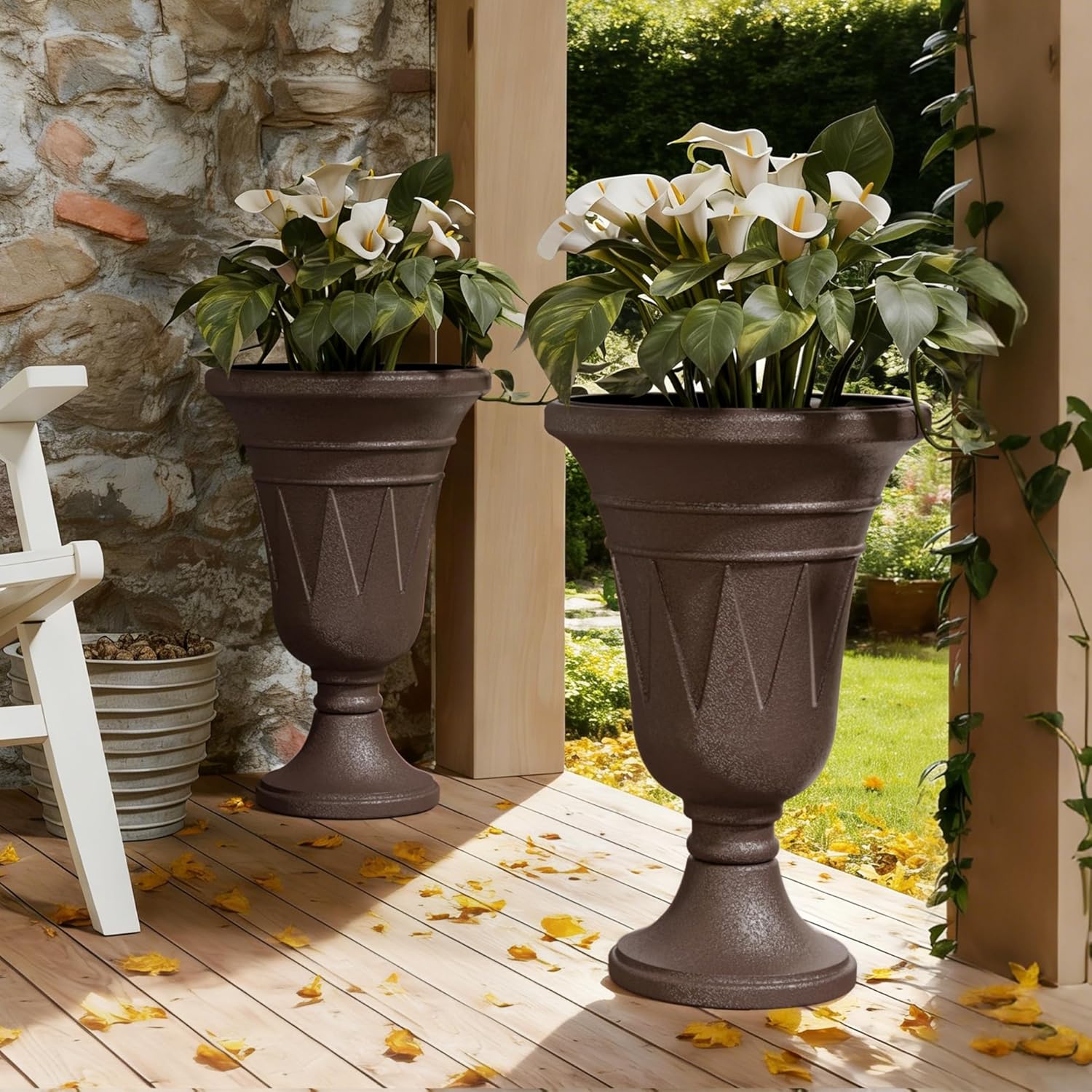 Tall Urn Planters for Outdoor Plants Set of 2-23.6" H Vintage Trophy Design Outdoor Planters for Porch Decor with Drainage Hole, Indoor Large Flower Pots, Pedestal Planter/Garden Vase, Brown