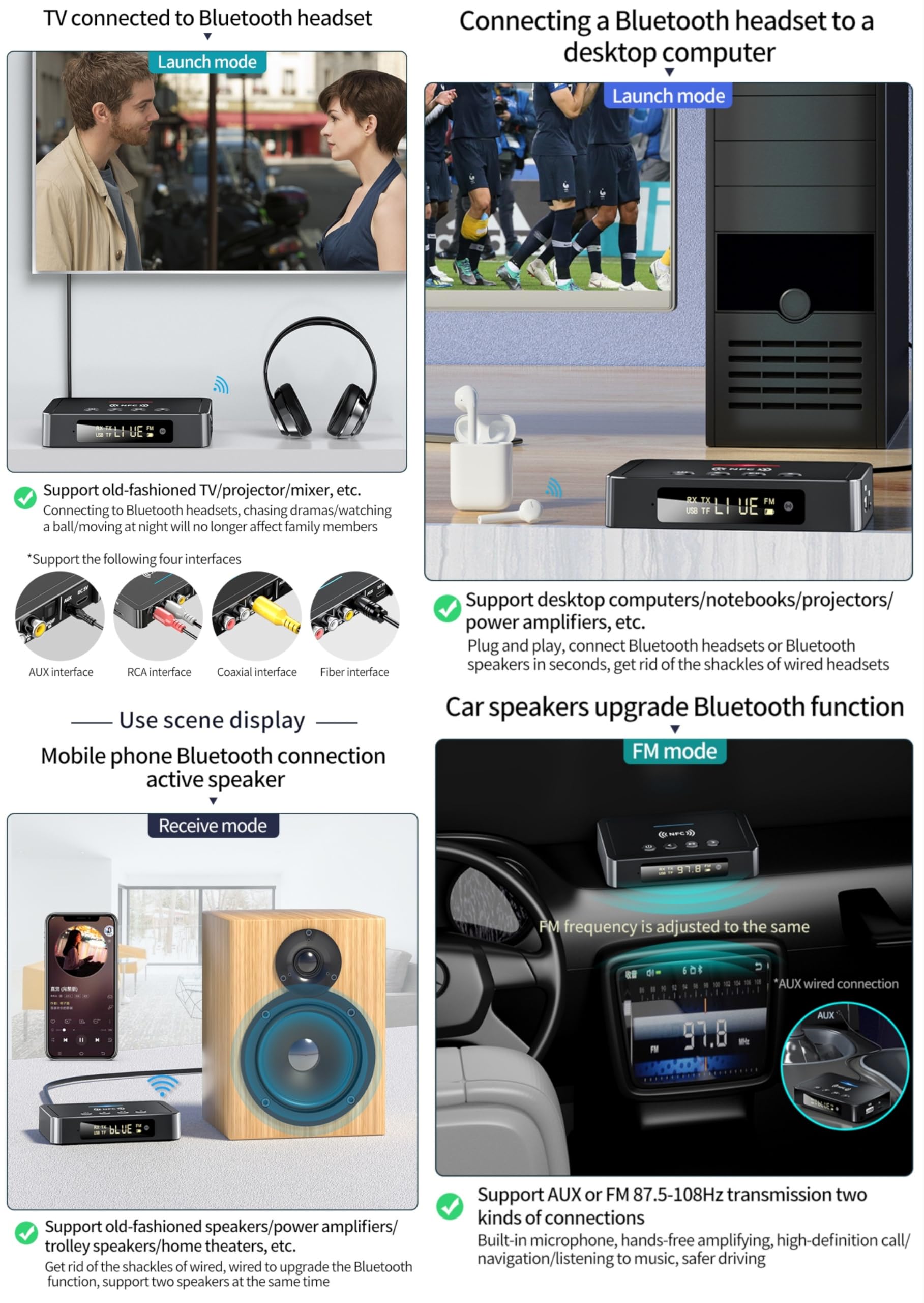 Adattatore Bluetooth multifunzione NFC Ricevitore digitale Bluetooth 5.0 Trasmettitore FM Adattatore Bluetooth 3 in 1 per tutti i tipi di altoparlanti,desktop,laptop,TV,amplificatore,proietto