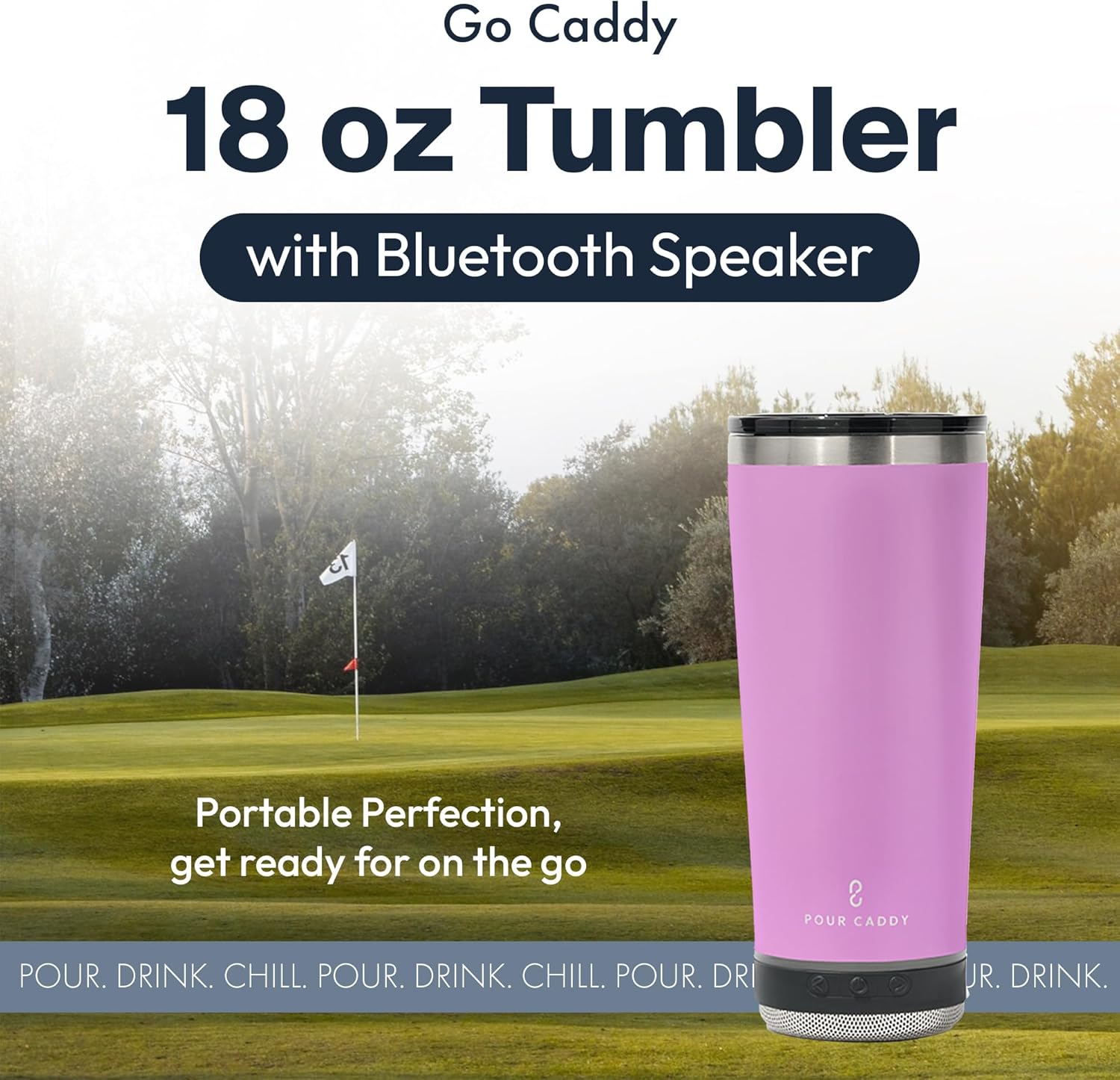 Go Caddy 18 oz Tumbler with Bluetooth Speaker, Insulated Stainless Steel Travel Cup with Lid, Hot & Cold Drink Beverage Container, Built-In Speaker, Rubber Base, Pink - Image 2
