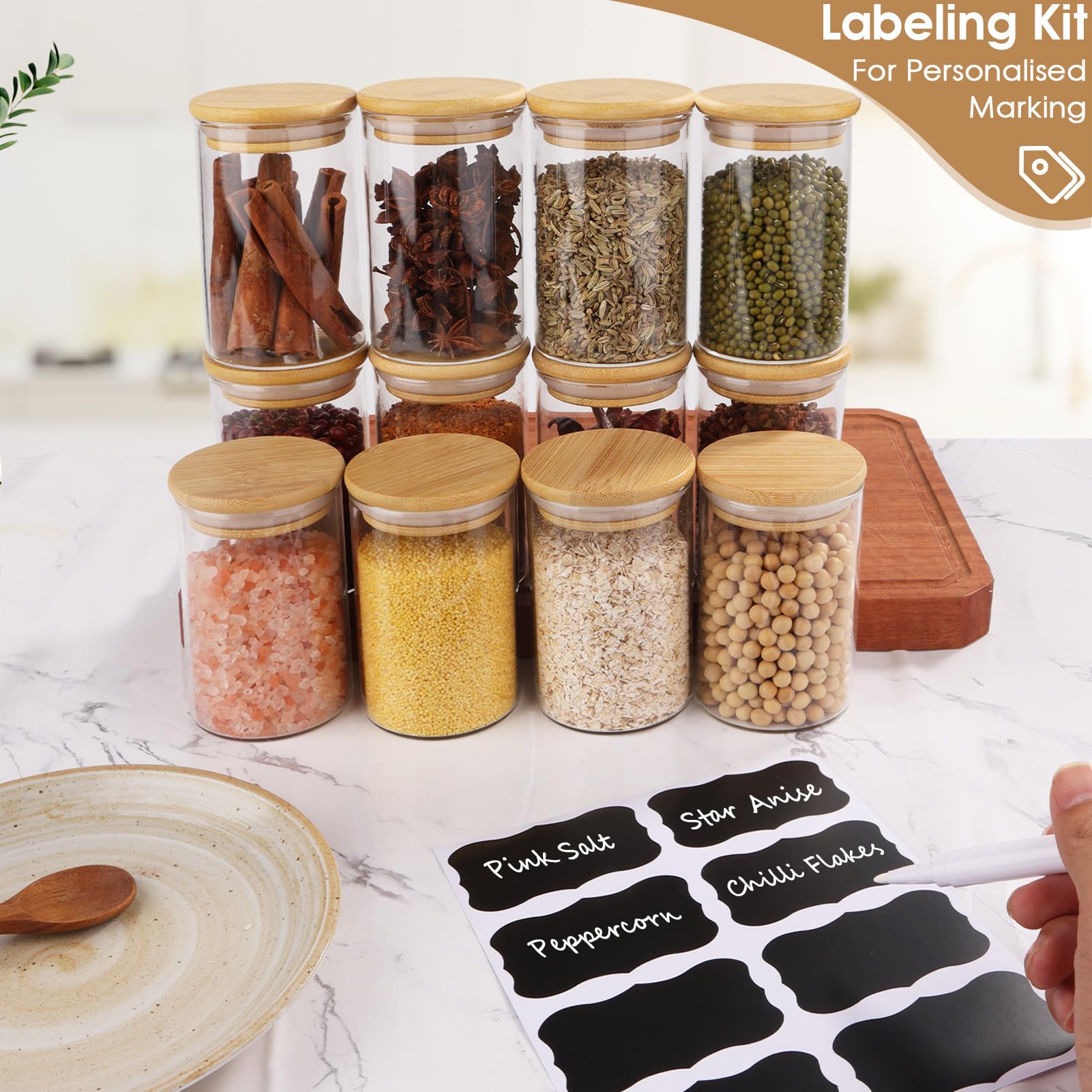 12 Pot a Epices Ronds, 250ml Bocaux à Épices en Verre et Bois, Bocaux en Verre Hermetique Récipient à épices, Boite Epices Cuisine Rangement, ⌀6,5cm x 10,5cm