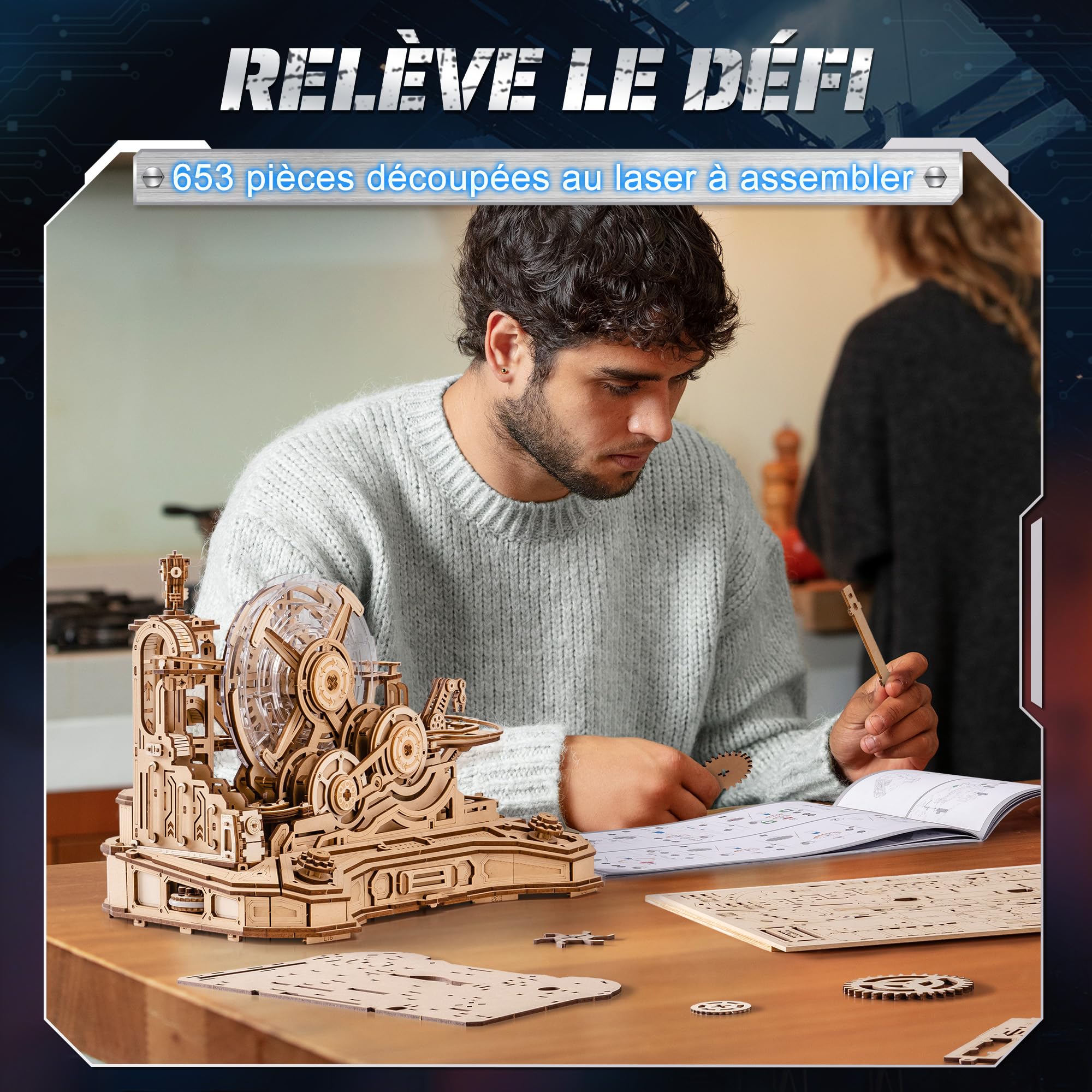 ROBOTIME Puzzle 3D en Bois Gear Ball Challenge – Kit Labyrinthe Mécanique 653 pièces, STEM Adultes Ados, Design Manette de Jeu EGC01