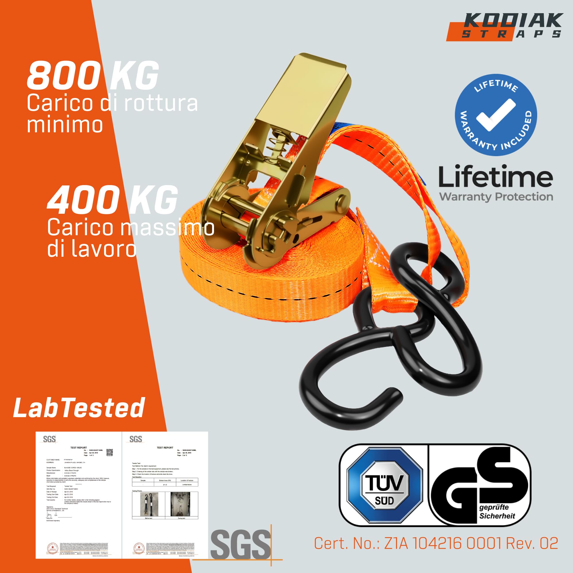 10 Cinghie di Tensione 4m x 800kg con Cricchetto e Ganci-S - Cinghie a Cricchetto da 25mm - Cinghia Arancione per la Sicurezza del Carico - Certificato TÜV/GS e secondo DIN EN 12195-2 - KODIAK STRAPS
