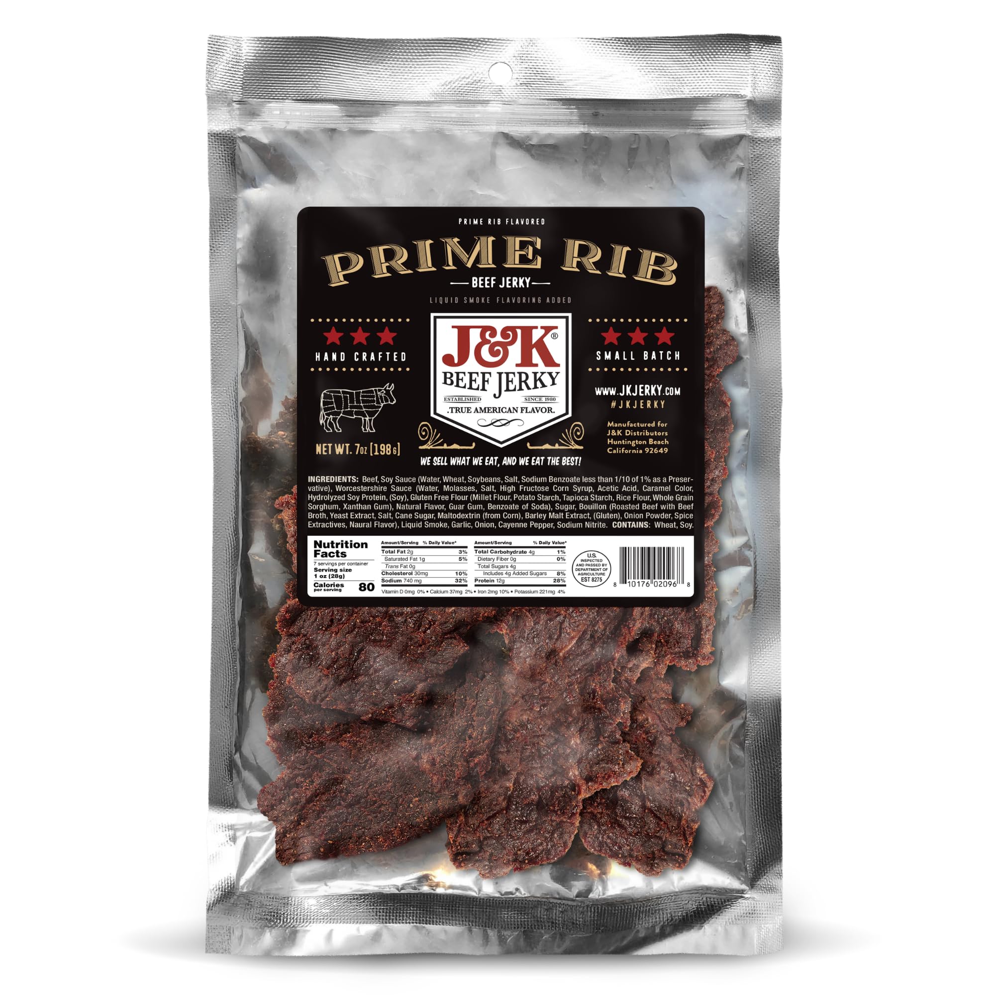J&K Jerky Prime Rib Beef Jerky - Authentic American Made Slab Jerky for a Delicious Protein Snack - 7oz Big Bag of Jerky