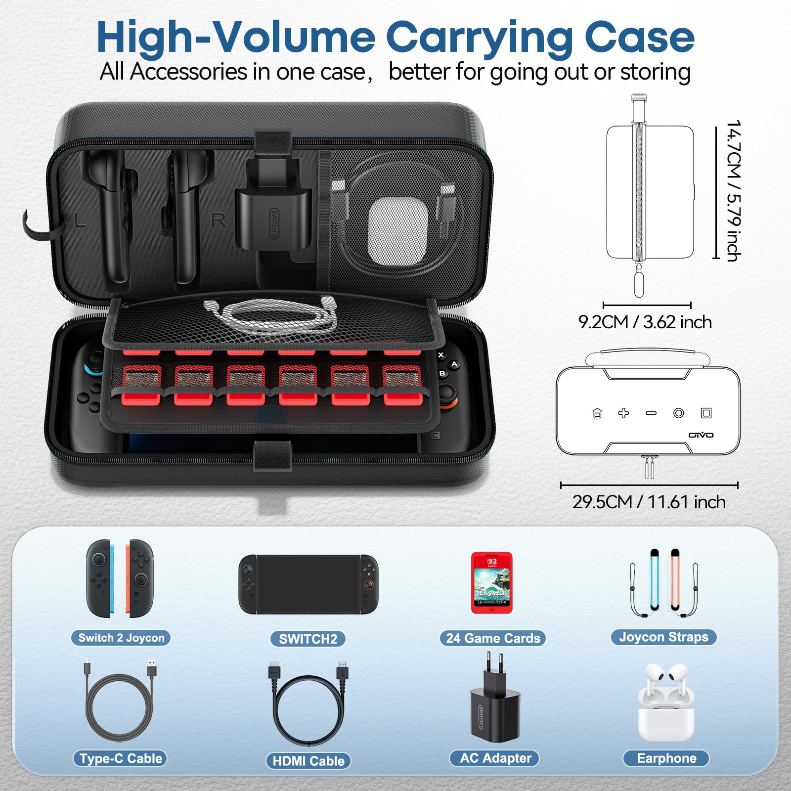Funda para Nintendo Switch 2025, Bolsa de Transporte para Switch 2 para Joy-Con 2 y Consola, Funda de Viaje para Switch 2 para 24 Tarjetas de Juego y Accesorios, Organizador Cable y Adaptador-Negro - 4