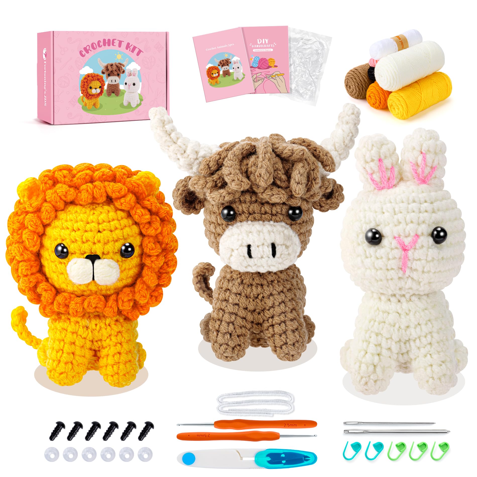 Fortuning's JDS Crochet Kit for Beginners, Amigurumi Crochet Animal Kits, Crocheting Kit for Starters Adult with Step-by-Step Video Tutorials, Animal Kits with Highland Cow, Lion, Bunny