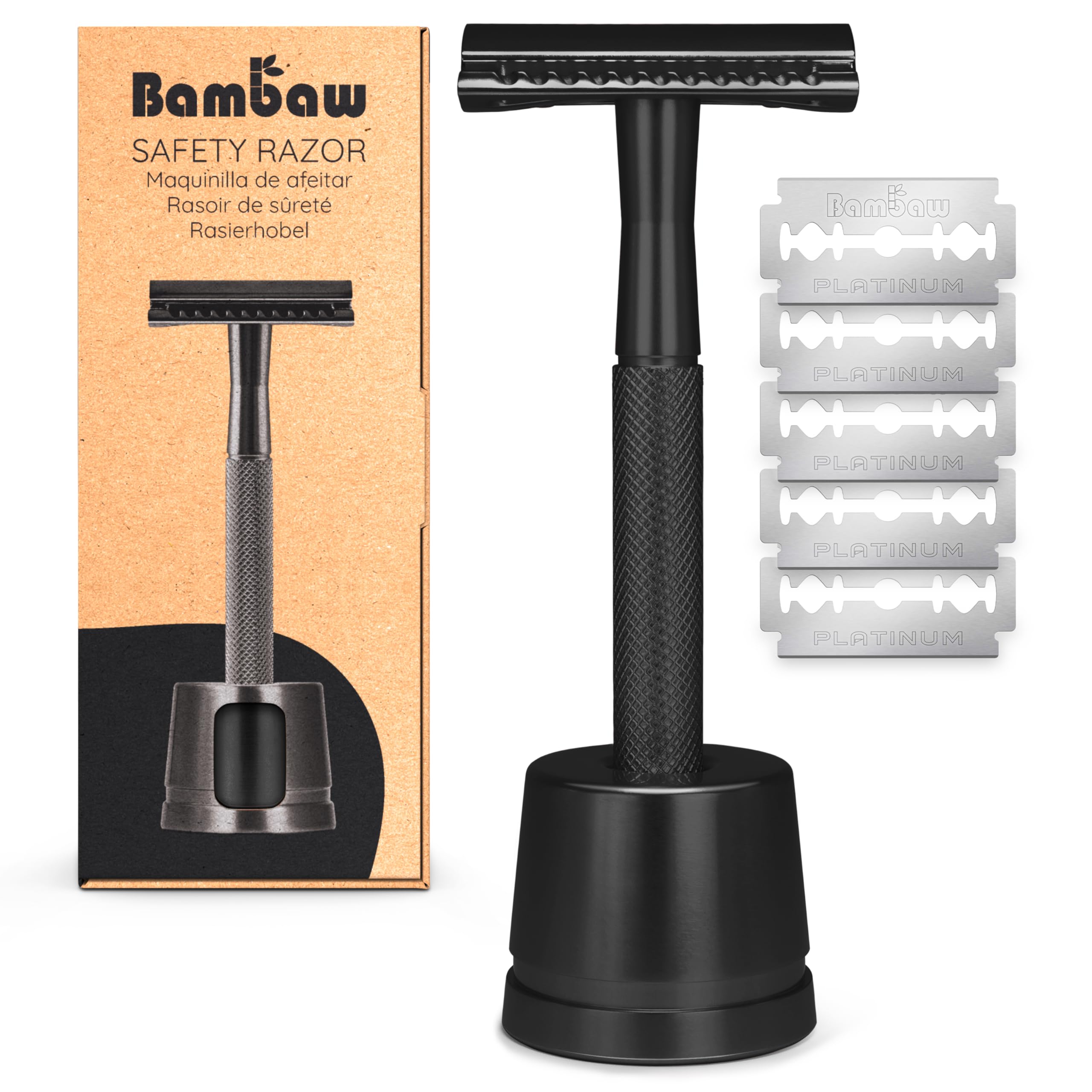 Bambaw Rasoir Homme Manuel en Métal avec Socle et 5x Lame Rasoir Sureté Homme en Acier Inoxydable, Manche Antidérapant pour un Rasage Propre et Précis, Poids Équilibré pour un Contrôle Optimal (Noir)