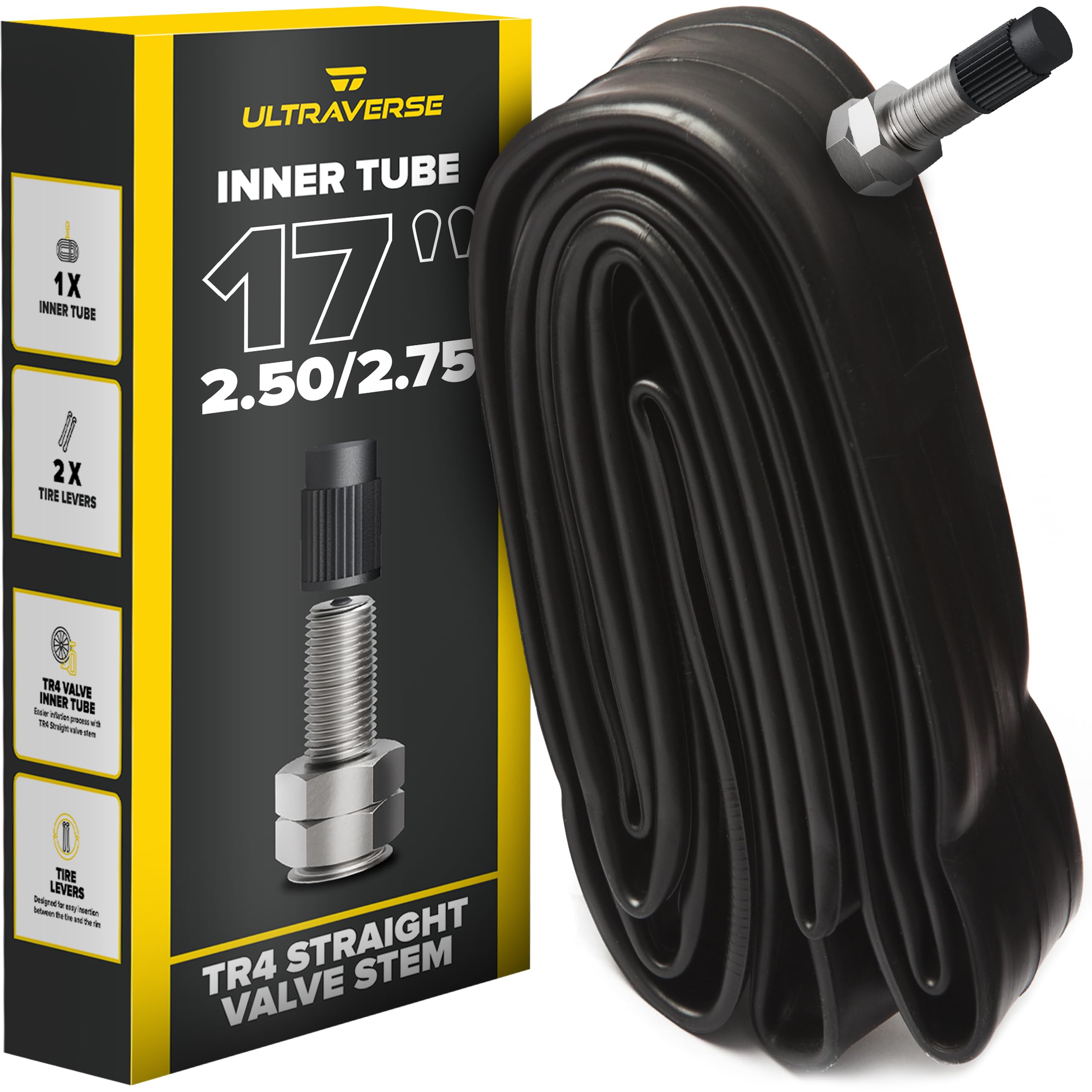 Ultraverse 14, 17, 18,19, 21 inch Inner Tubes with TR4 Reinforced Valve and Straight Stem for Mini Dirt Bikes, Pit Bikes, Motorcycles, and E-Bikes