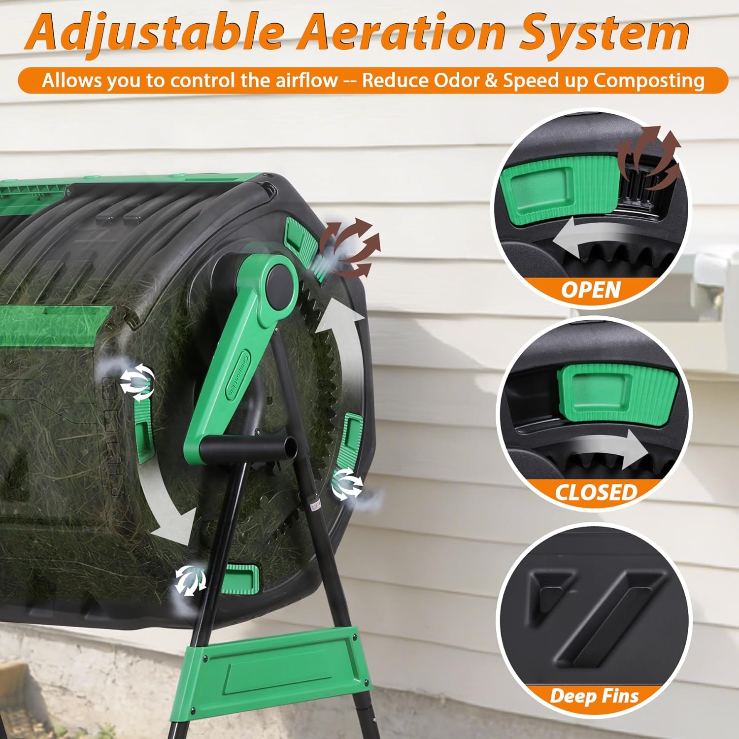 JupiterForce Compost Bin 53 Gallon Dual Chamber Compost Tumbler, Outdoor Large Tumbling Rotating Composter with 2 Sliding Doors, Steel Frame and Gardening Gloves for Backyard Garden