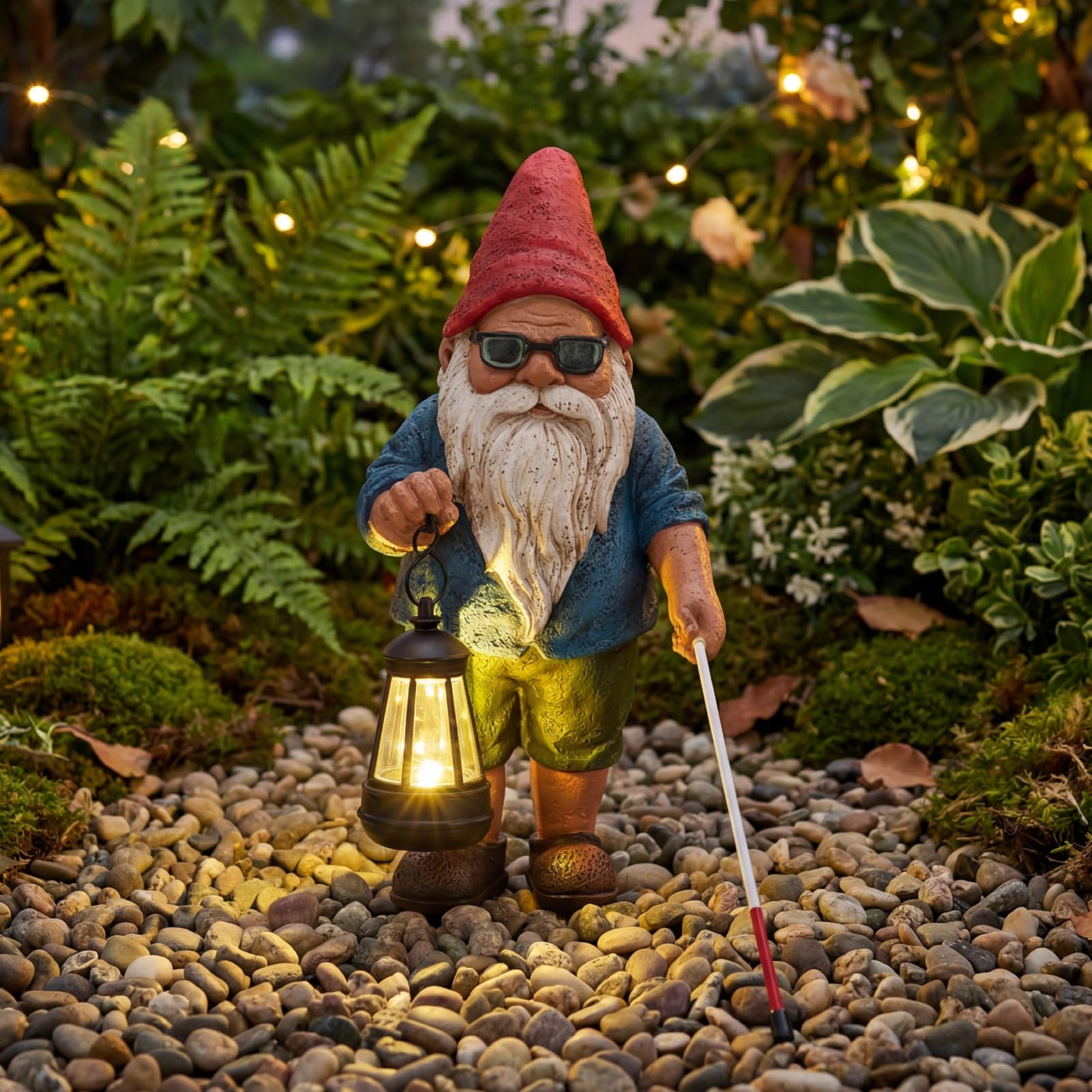 Solar Garden Gnome Outdoor Statue, 10.2 inches Blind Man Gnome with Lantern view 6