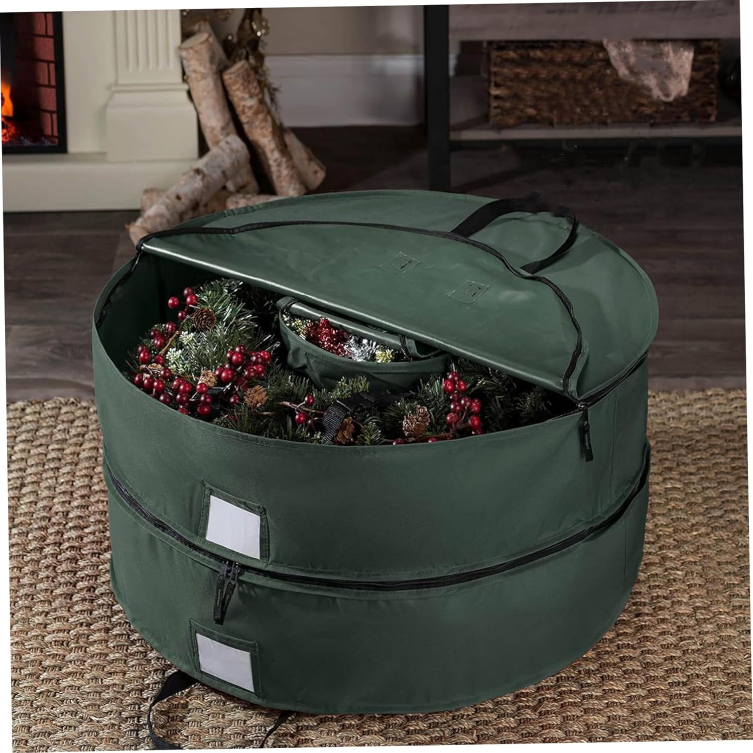 Wreath Storage Bag, Double-Layered Round Christmas Wreath Storage Container with Handle & Double Zipper, Waterproof 600D, 30 inch, Green