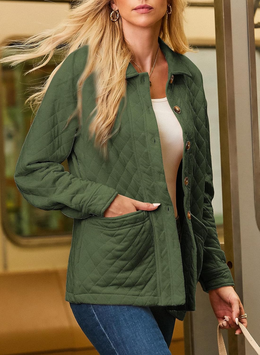 Dokotoo Casual Quilted Jackets for Women Button Down Collared Long Sleeve Shirts Fall Winter Jackets with Pockets 2025