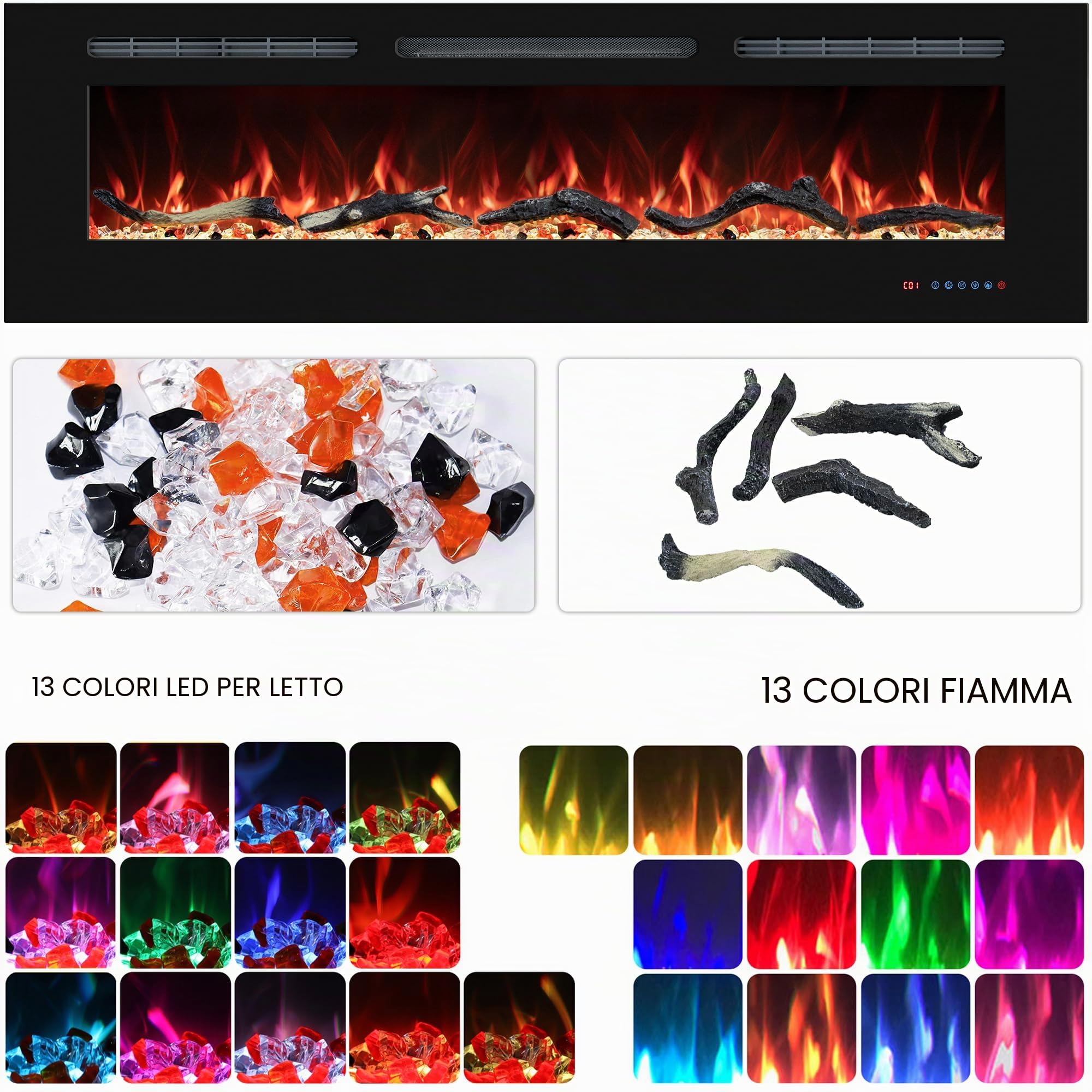 Inserti per camino elettrico da 152 cm, riscaldatore da incasso e a parete, camino/termostato lineare, telecomando e touch screen, fiamma multicolore, timer, ceppo e cristallo, 750W/1500W