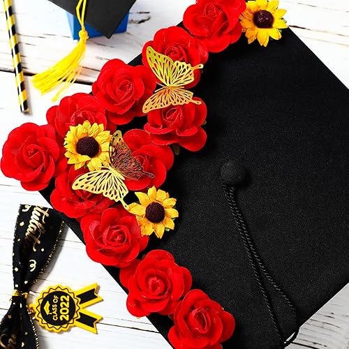 Miniatura 2 de 30 calcomanías florales de rosas con parte trasera plana adhesivas, rosas amarillas, cabezas de girasol 3D, calcomanías de mariposa 3D para