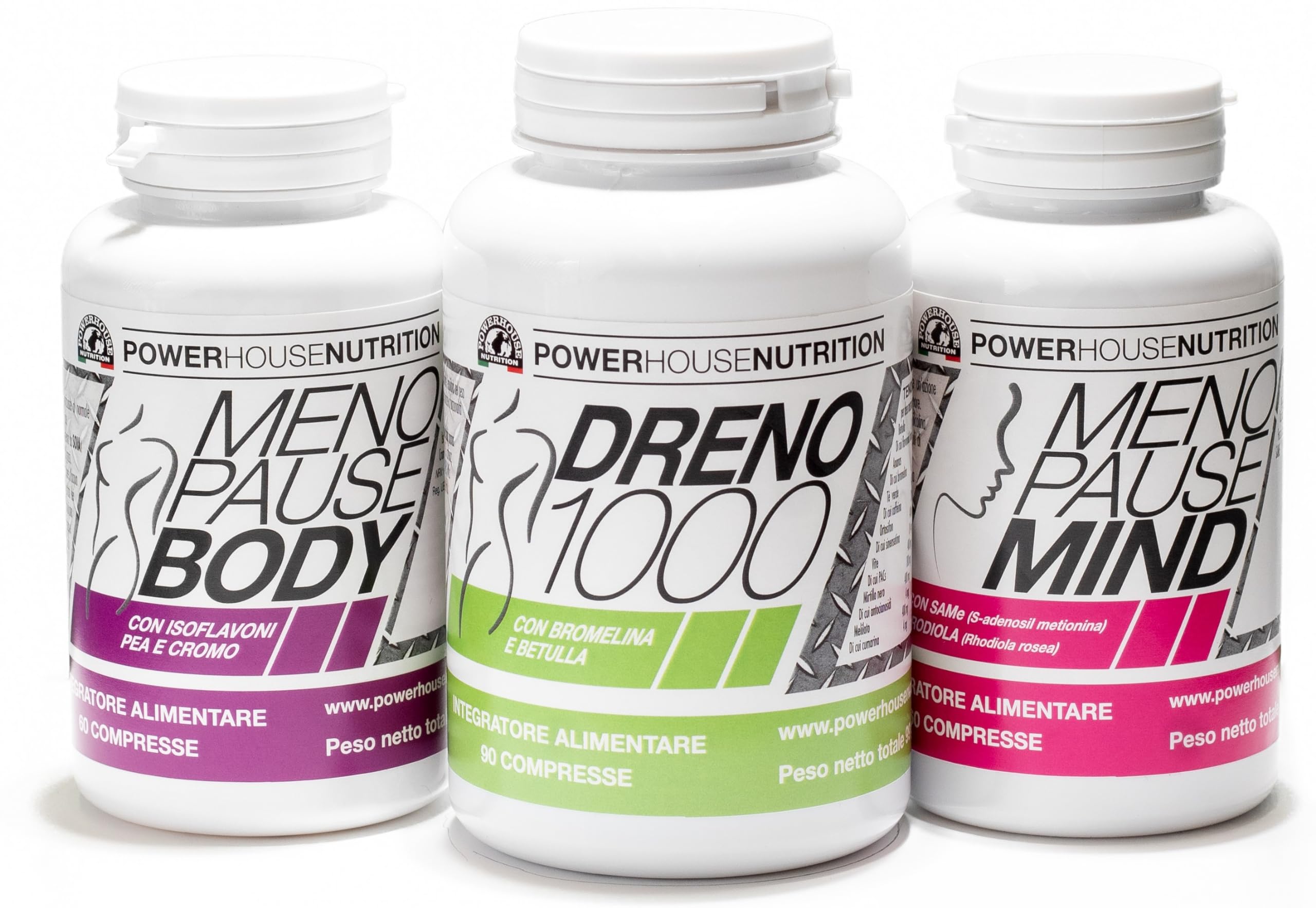 Menopause Line Combo Powerhouse Nutrition – Box 3 Integratori per Donna (Menopause Mind + Menopause Body + Dreno 1000) – Supporto Nutrizionale e Benessere Quotidiano – Made in Italy