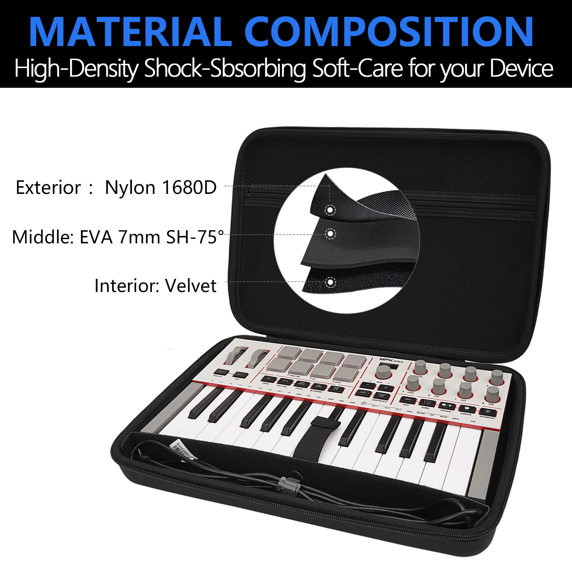 Musiin Hochwertige Midi-Keyboard-Controller-Schutzhülle aus Samt, kompatibel mit Arturia MiniLab 3,MiniLab mkII, MPK Mini MK4,Synthesizer mit 25 Tasten,tragbare Schutztasche mit Schultergurt (Schwarz)
