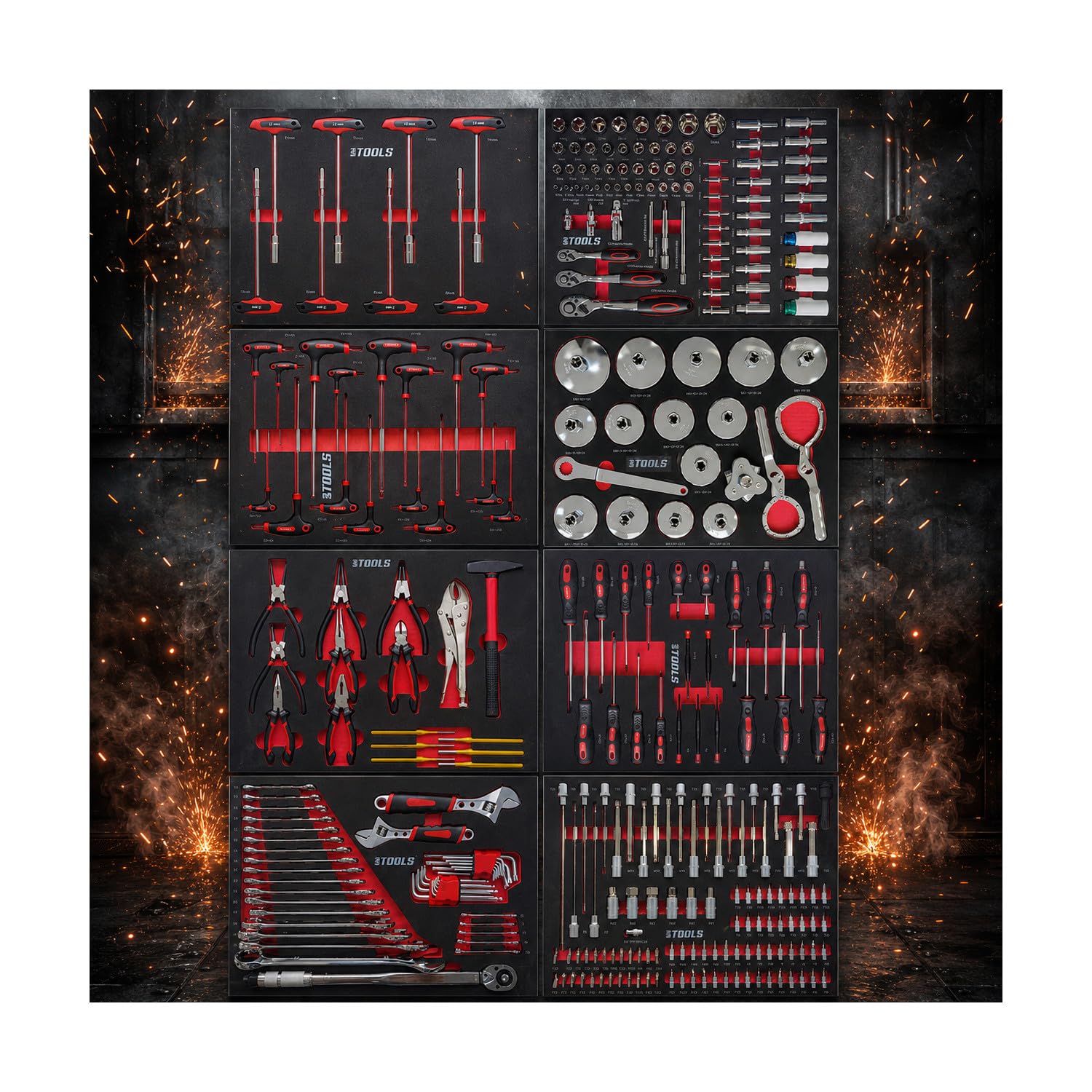 BM TOOLS Servante d'Atelier Garage Automobile Alpha-Pro - 9 Tiroirs - 311 Outils, 4 Roues, 2 Freins, Chariot Mecanicien - Rouge