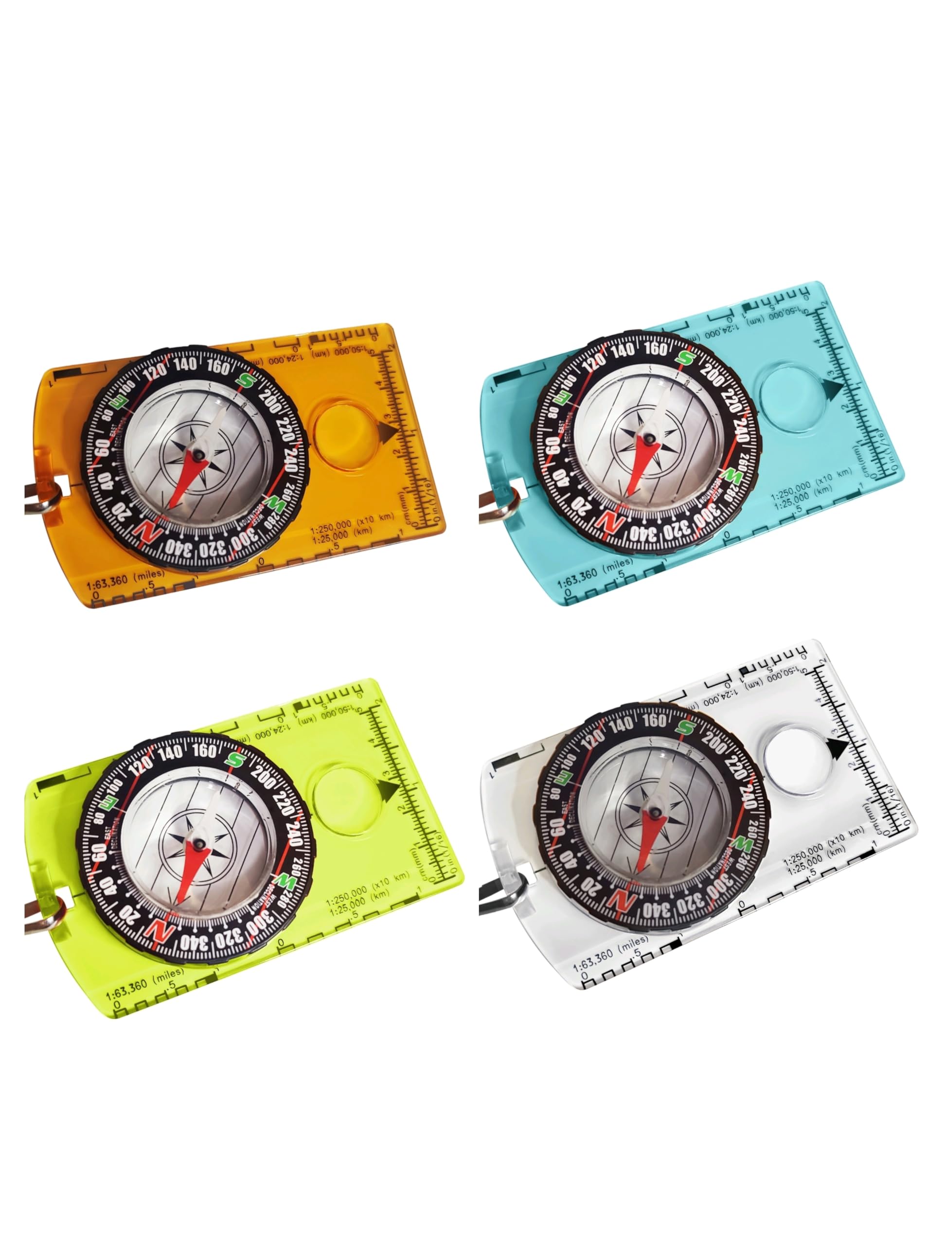 4pcs Multi-Colored Menjo Outdoors Magnetic Compass, Kids Hiking Gear Ideal for Boy Scouts or Wilderness Enthusiasts. Survival Compass for Camping, Hiking, Backpacking, Mountaineering, and Exploration