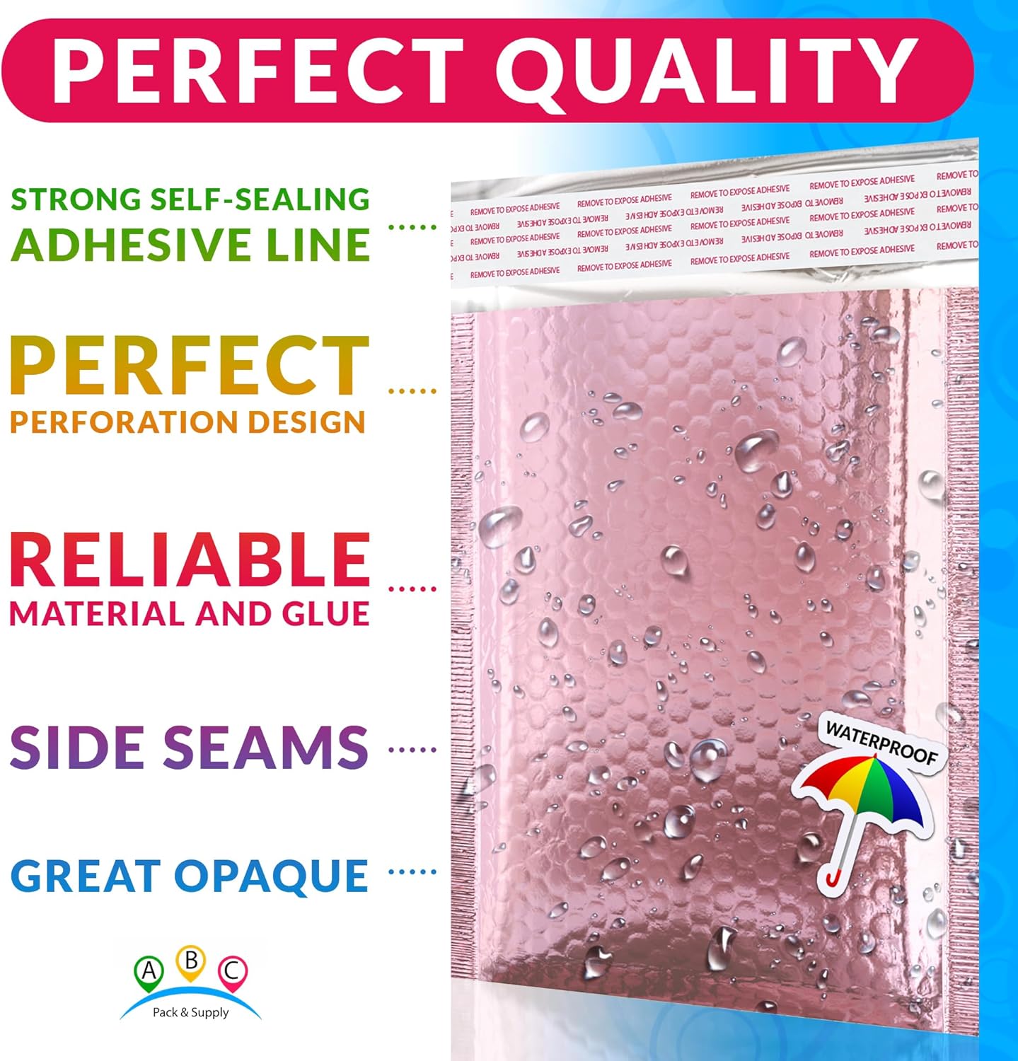 ABC Bubble Mailers for Small Business 6.5x9, Pack of 350 Rose Gold Self Seal Padded Envelopes, Plastic Foil Shipping Envelopes with Bubble Lining, Padded Mailing Envelopes for Packing, Shipping