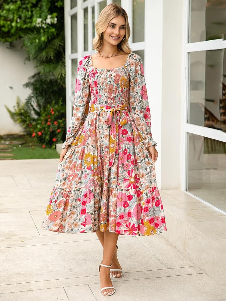 Simplee Womens Long Sleeve Maxi Dress Casual Square Neck Long Flowy Boho  Dresses Summer Outfits Pink Floral S at Amazon Women's Clothing store