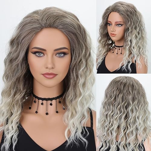 Fencca Ash Blonde Wave Curly Wigs for Women Layered Medium Length Blonde Curly Wig Synthetic Free Part Fluffy Easy Wear To Go Hair Replacement Wig 18 inch Mix Color Wig