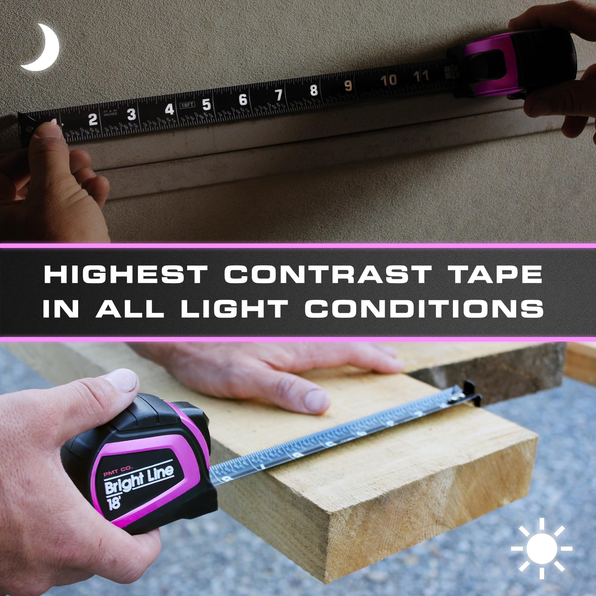 Perfect Measuring Tape - Cinta métrica EasyRead de alto contraste Pink BrightLine para poca luz (modo oscuro) - Funda de goma de 18 pies (fracciones en pulgadas) Cinta métrica retráctil de doble cara