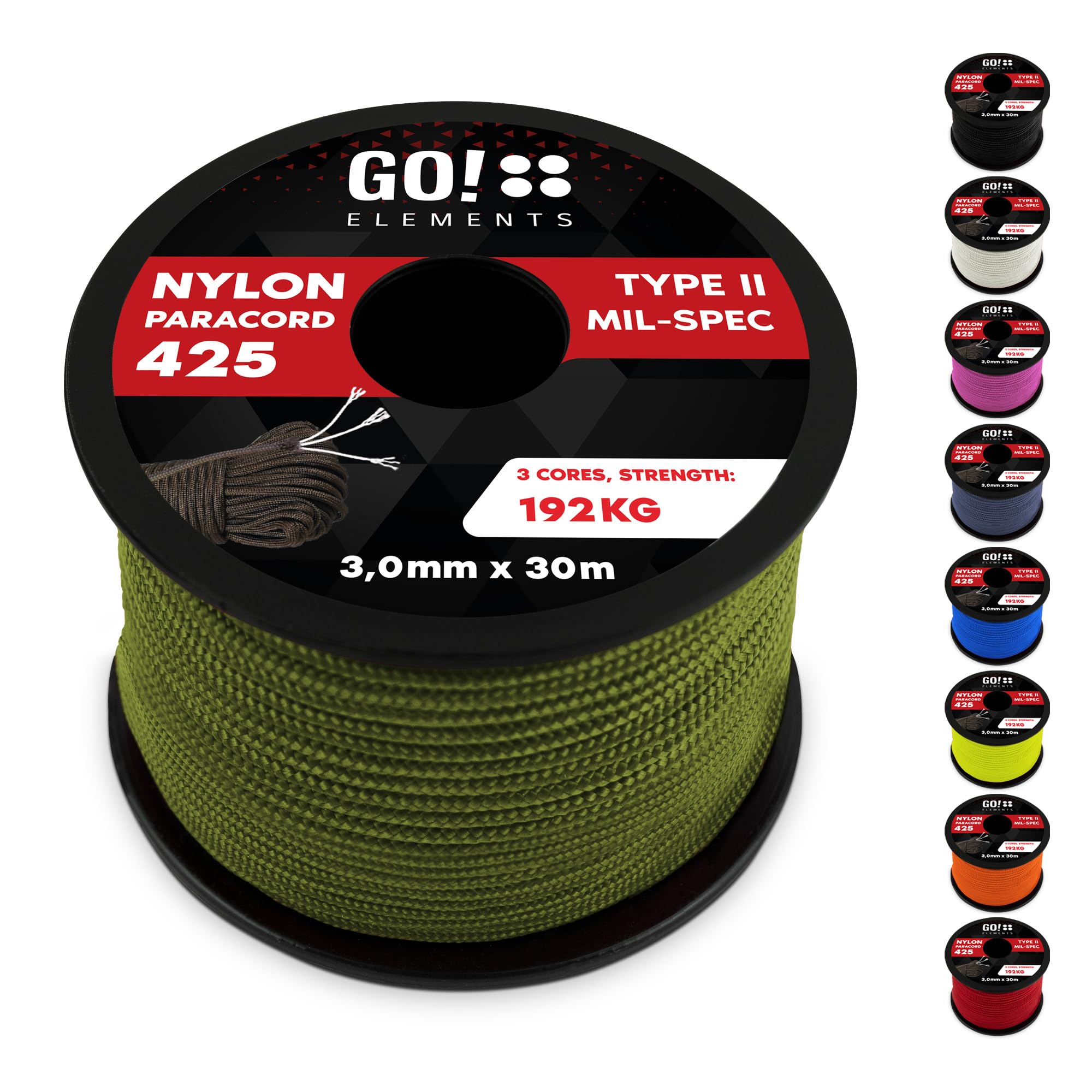 GO!elements Paracord Seil aus reißfestem Nylon - 3mm Paracord 425 Typ II max. 192kg - Schnüre als Outdoor Seil, Allzweckseil, Survival Seil, Armband, Hundeleine, Nylonschnur