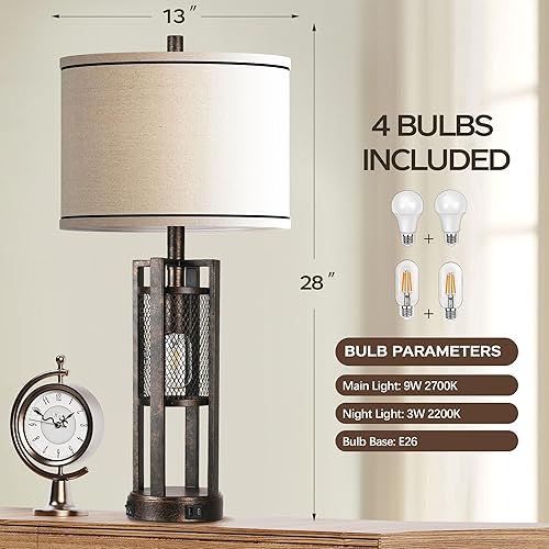 Miniatura 5 de Juego de 2 lámparas de mesa industriales de granja de 28 pulgadas, lámparas rústicas de mesita de noche con puertos USB A+C duales, lámparas de