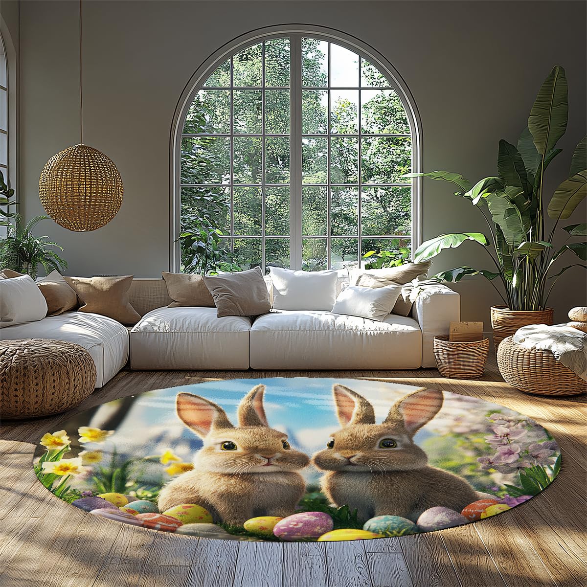 Alfombra temática Pascua 140cm Conejitos adorables y Huevos Festivos Estampado Sala bebé Fina Alfombras Redondas Antideslizantes Jardín Primavera Decoración del hogar