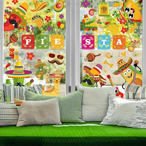 Miniatura 6 de Whaline Calcomanías para ventana de fiesta mexicana, calcomanías de doble cara para ventana de Cinco de Mayo, calcomanías de PVC para ventana de